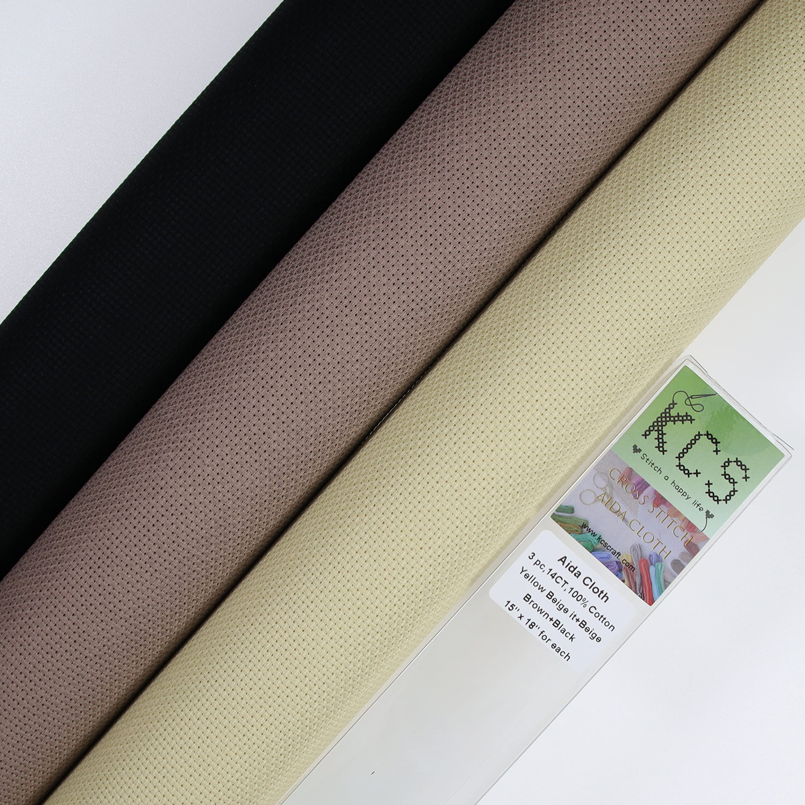 KCS 3 pc of 15" x 18" Counted Cross Stitch Cotton Aida Cloth Needlework Fabric,14CT,Yellow Beige it+Beige Brown+Black