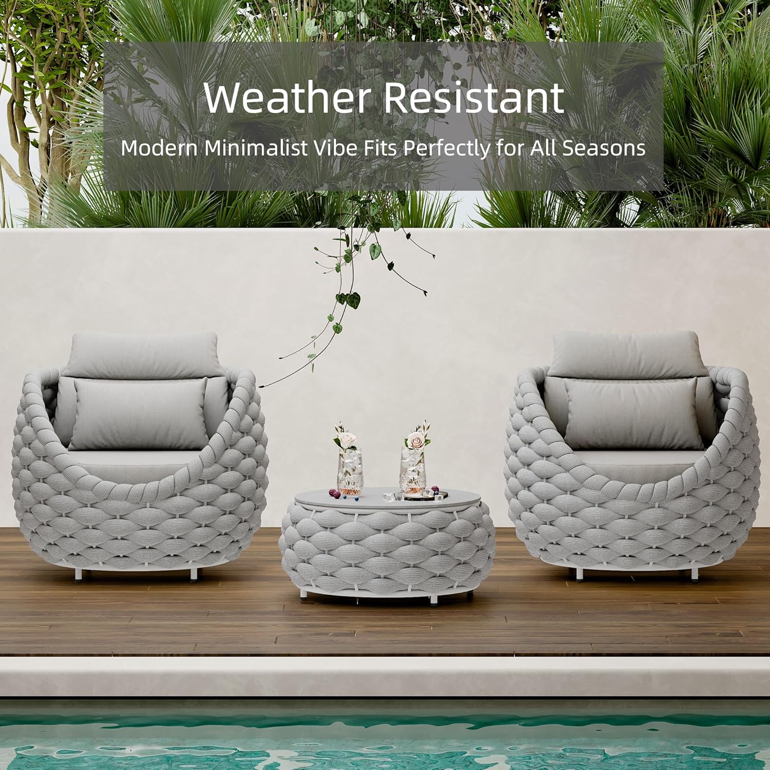 Round Coffee Table for Indoor & Outdoor Use, Aluminum Patio Furniture with Handwoven Ropes, Weather-Resistant for Garden, Terrace & Poolside (Gray)