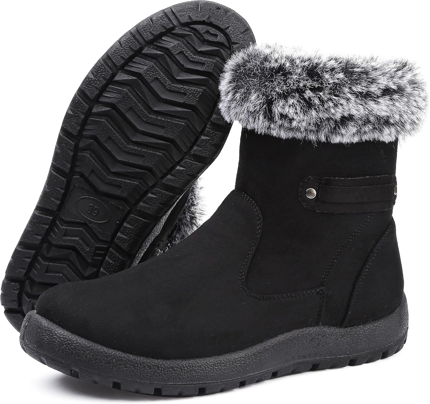 Winter Boots for Women Suede Leather Snow Boot Warm Fur Lining Anti-Slip Waterproof Walking Booties Suede Black 7