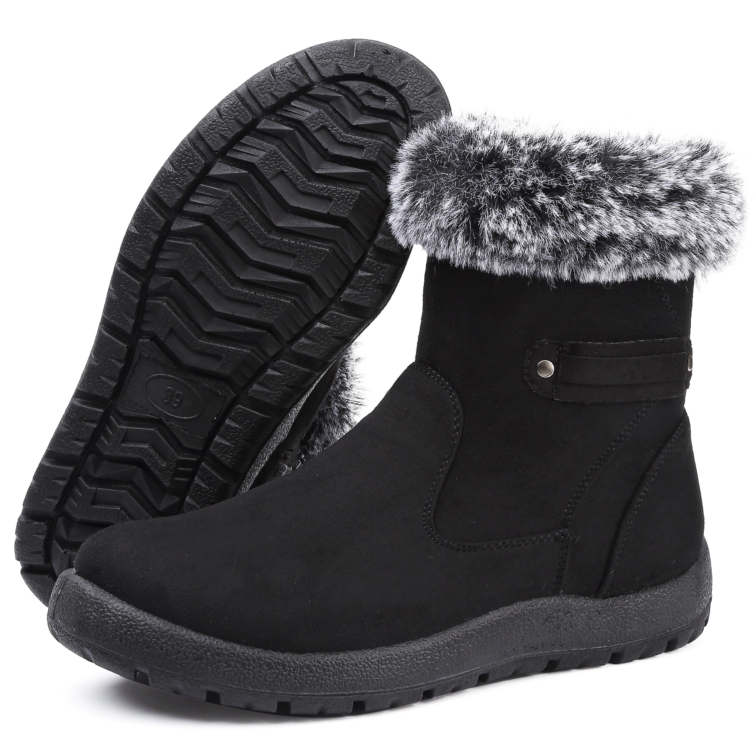 Winter Boots for Women Suede Leather Snow Boot Warm Fur Lining Anti-Slip Waterproof Walking Booties Suede Black 7