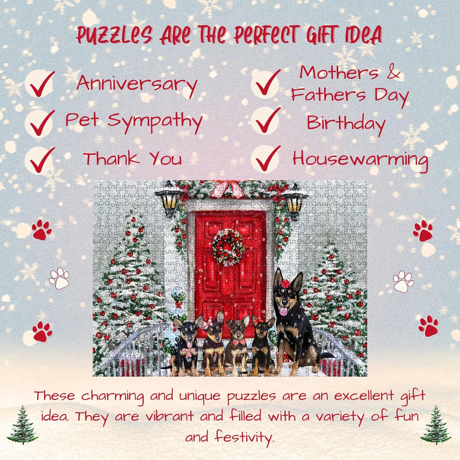 Christmas Holiday Welcome Australian Kelpies Dogs Jigsaw Puzzle for Adults - Animal Printed Interlocking Puzzle Game Artwork - Gift for Dog Lover's - 1000 Pcs 20"x30"