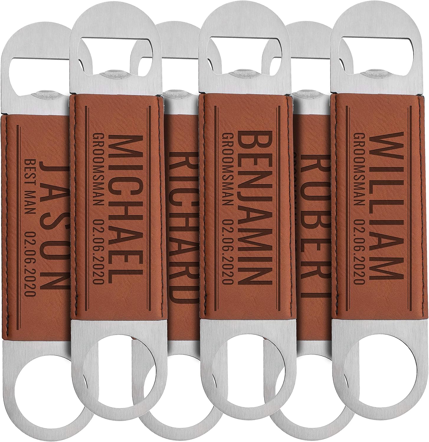 Personalized Groomsmen Bottle Openers - Set of 6, Leather Trim Stainless Steel - 10 Designs, Brown - Bachelor Party & Wedding Gift