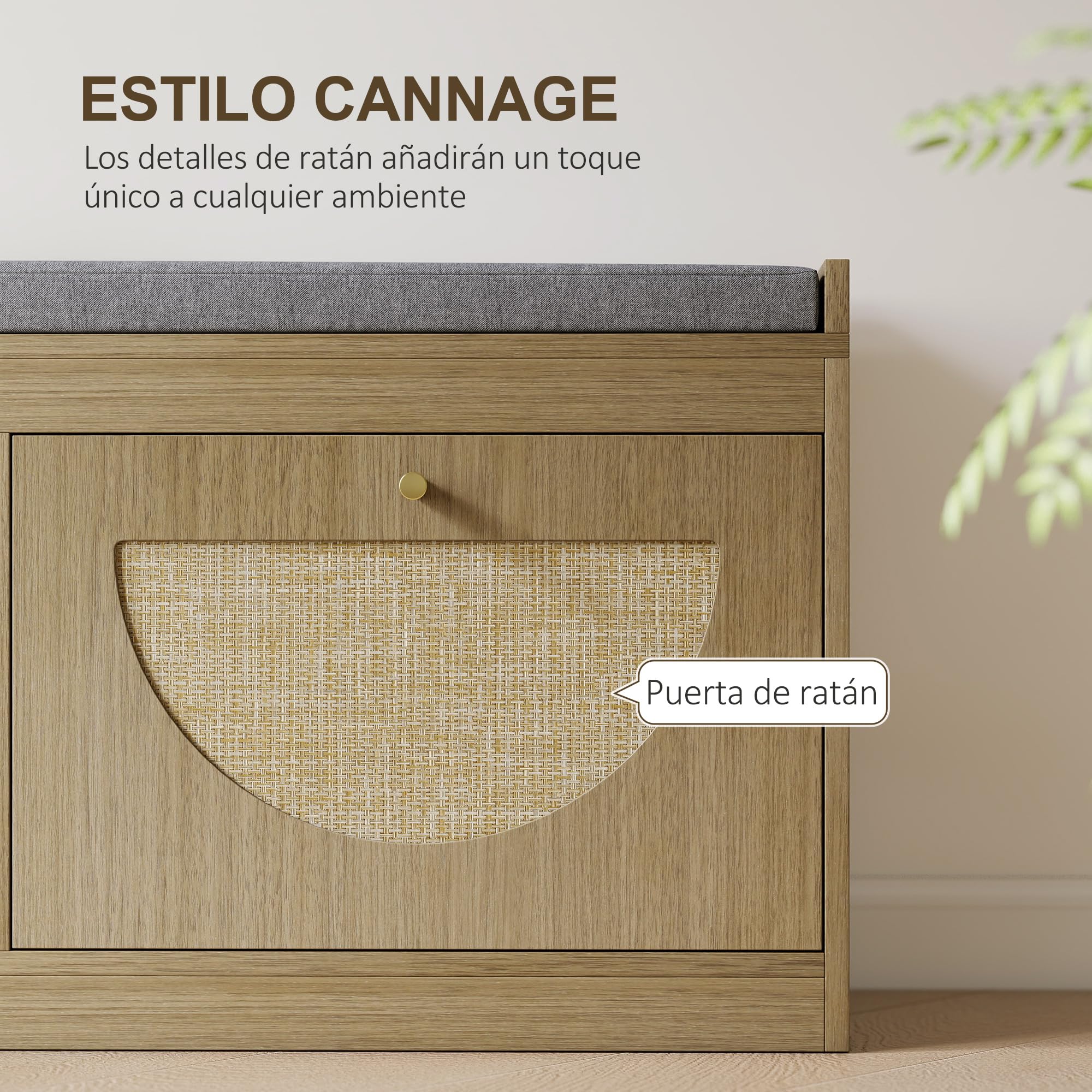 HOMCOM Banco Zapatero Bohemio con Asiento Acolchado 105x35x47 cm Natural | Banco Recibidor, Puertas Frentes de Ratán, Estante Ajustable, para 8 Pares de Zapatos, para Entrada