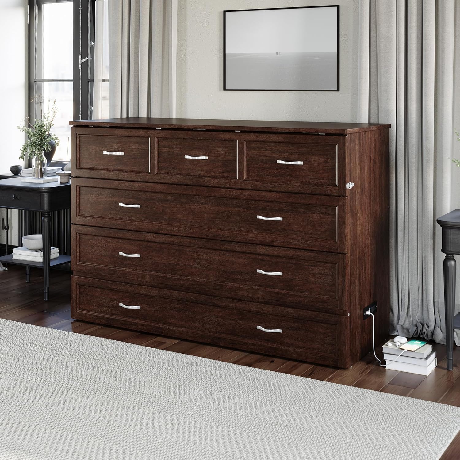 AFI, Northfield Murphy Bed Chest Queen with 6" Mattress, Storage Drawer & Built-in USB Charger, Burnt Amber