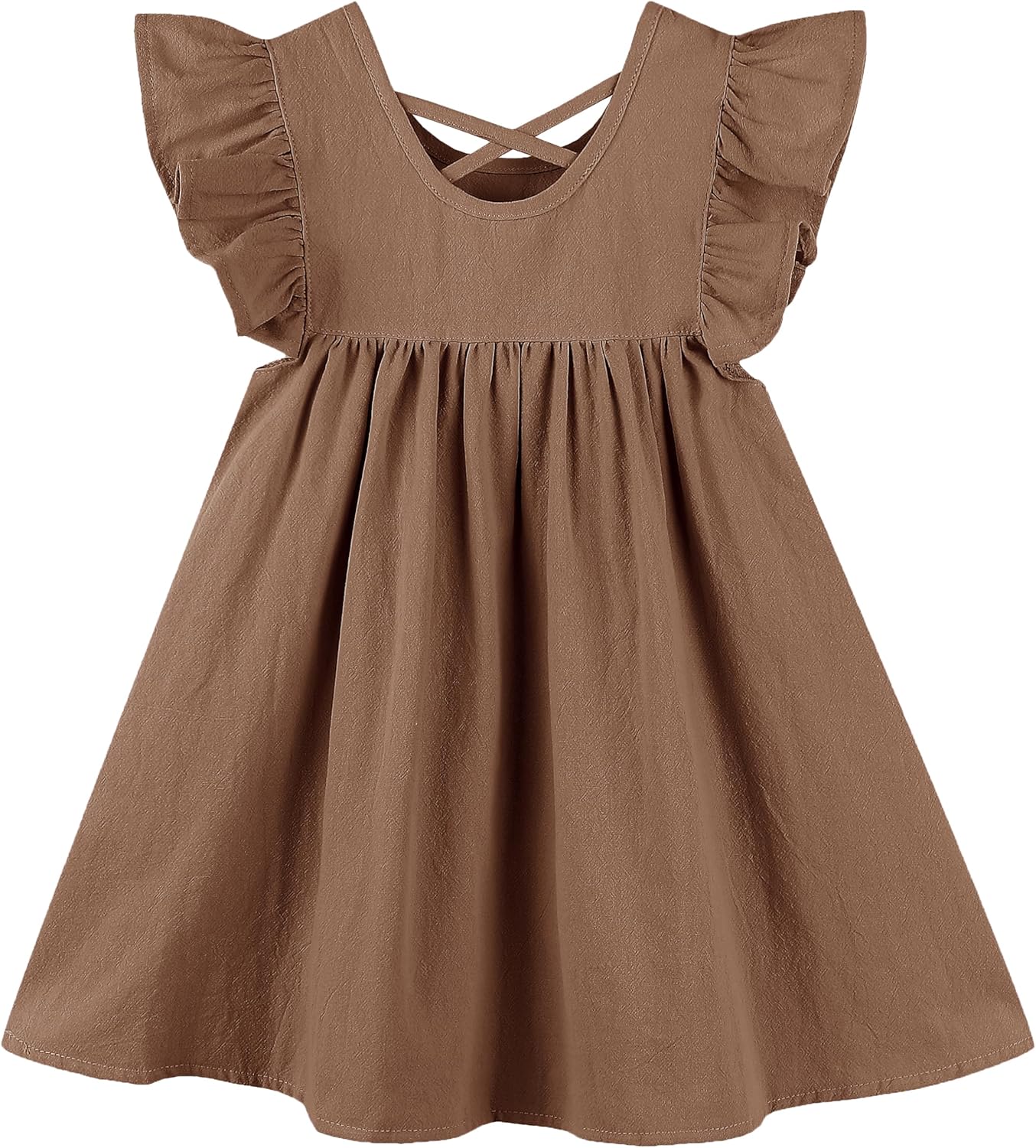 GSVIBK Girls Linen Cotton Dress Flutter Sleeve Back Cross Dress Toddler A-Line Skater Dress Baby Girl Halter Casual Sundress - Image 2