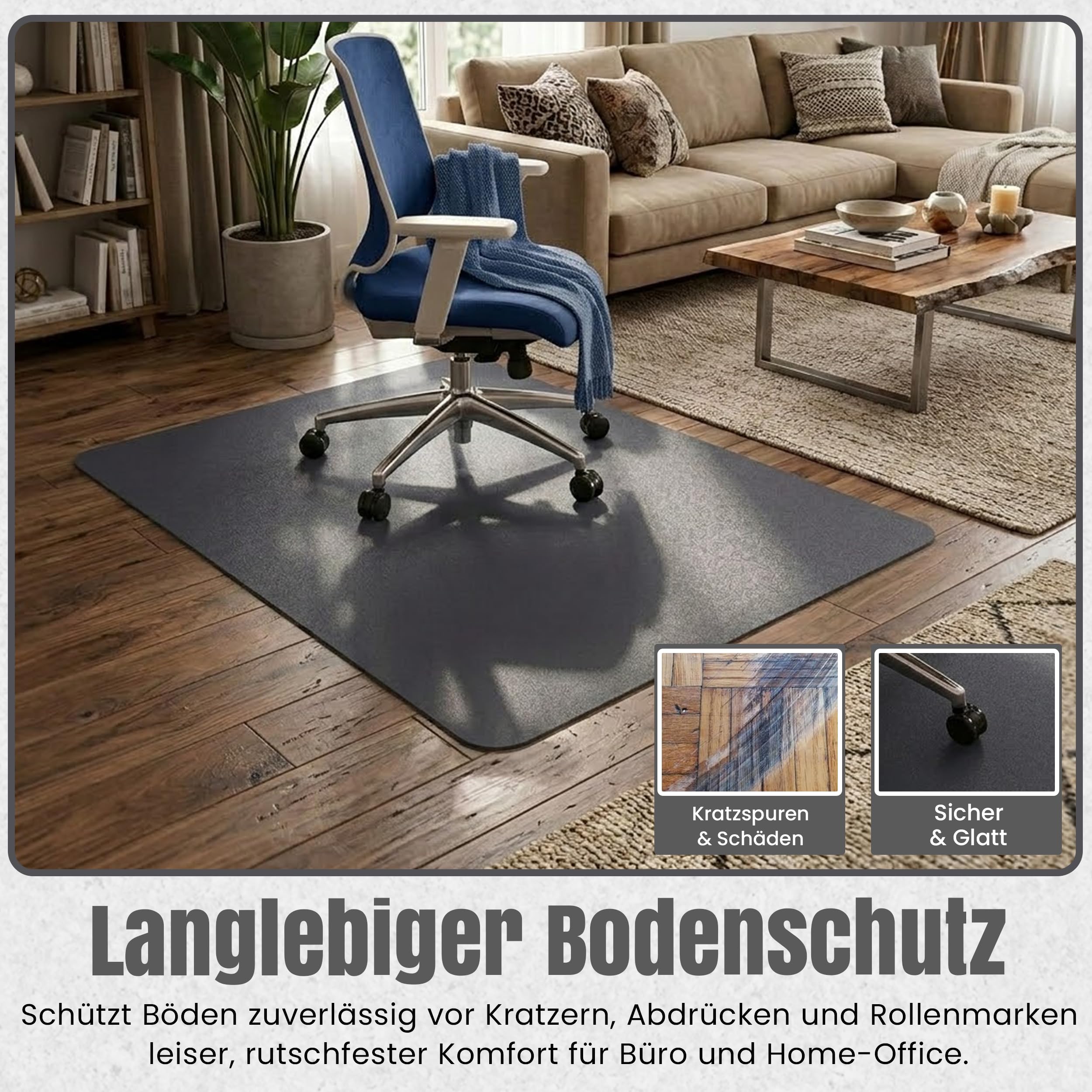 LP Projekt Bodenschutzmatte 117x153cm – rutschfeste und strapazierfähige Bürostuhlmatte für Hartböden und Teppich | Grau Bodenschutzmatte für Zuhause & Büro | Erhältlich in verschiedenen Größen