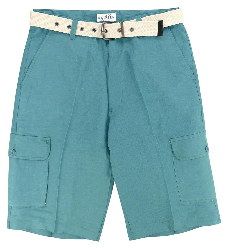 Concitor Men's Linen Cargo Shorts Flat Front Solid Turquoise