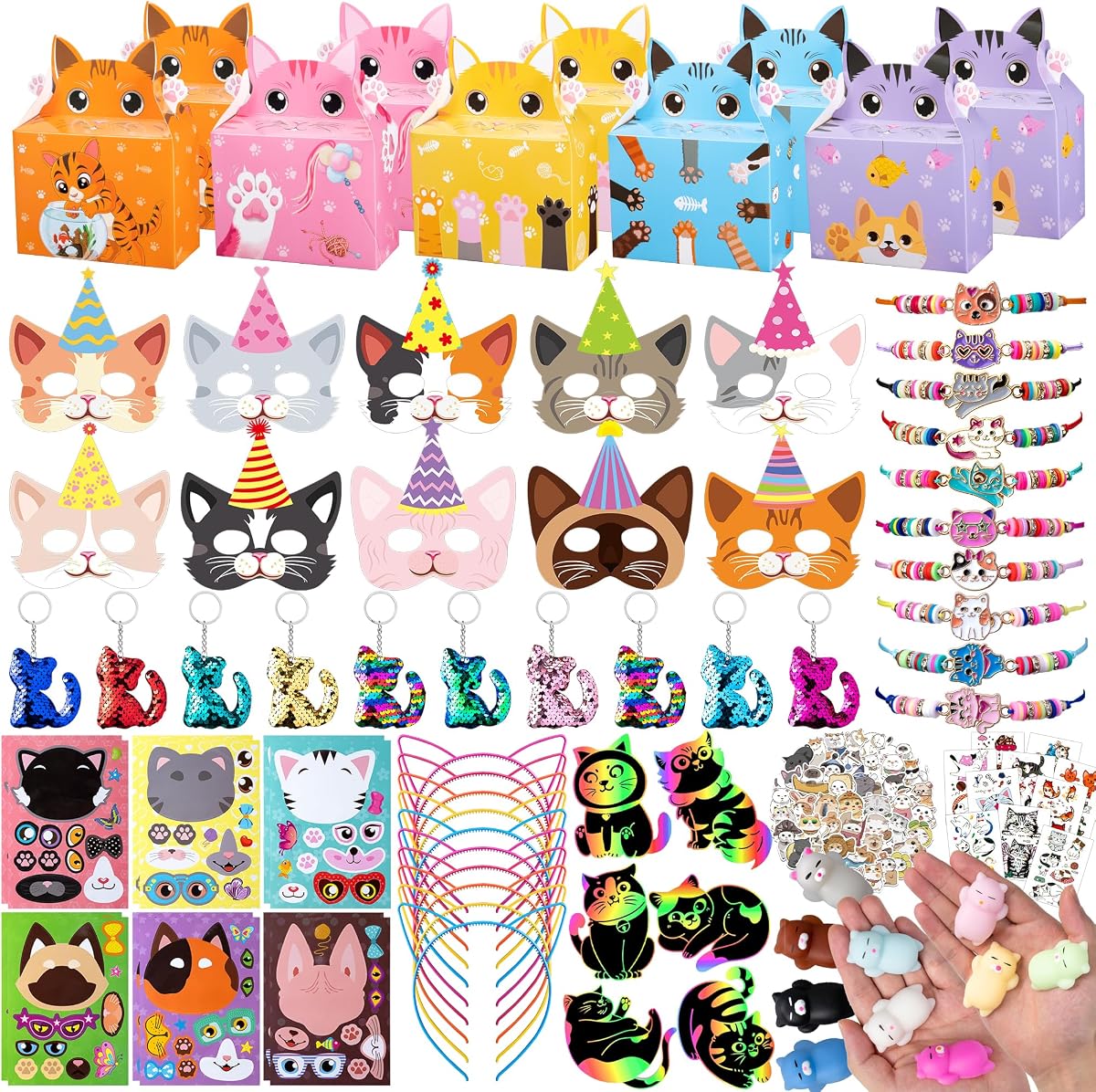 Regalos de fiesta para gatos para niños, lindos juguetes para gatos y bolsas de regalos de cumpleaños | Artículos de fiesta temáticos para gatos, premios en el aula, regalos divertidos, accesorios de fiesta de cumpleaños para niños y niñas