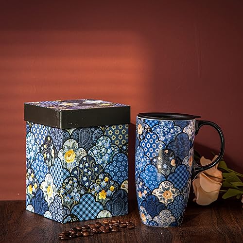 Miniatura 56 de DUSVALLY Taza de café de cerámica con tapa, taza de té de latte de porcelana con asa, 17 onzas, color negro Negro -,Negro y girasol,Azul,Flor