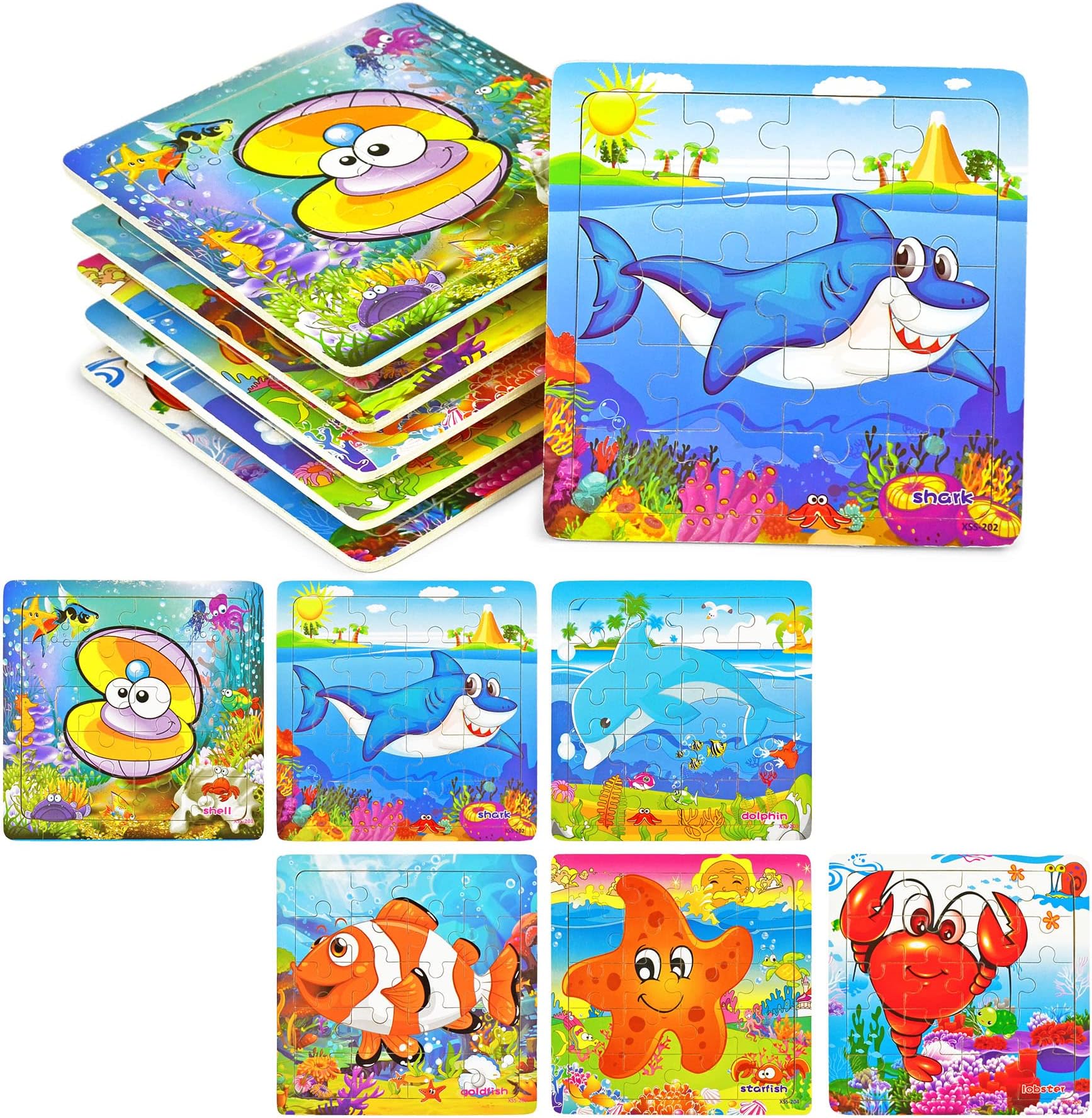 Vileafy Mini Animals Jigsaw Puzzles for Toddlers Ages 3-5 Years Old, Samll Preschool Wooden Puzzles for Boys and Girls (Marine Organism 6P)