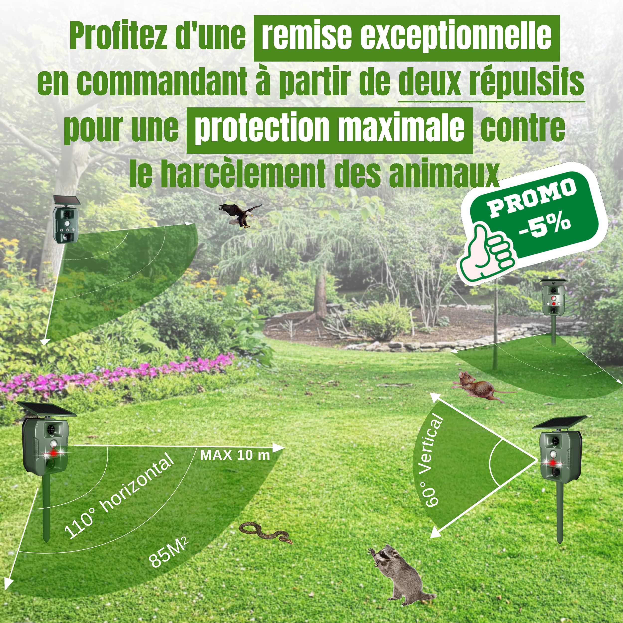 Repulsif Chat Exterieur Ultrason Solaire USB Multifonctions LED Sonore Anti Chien Pigeons Souris Rats Taupe Rongeur