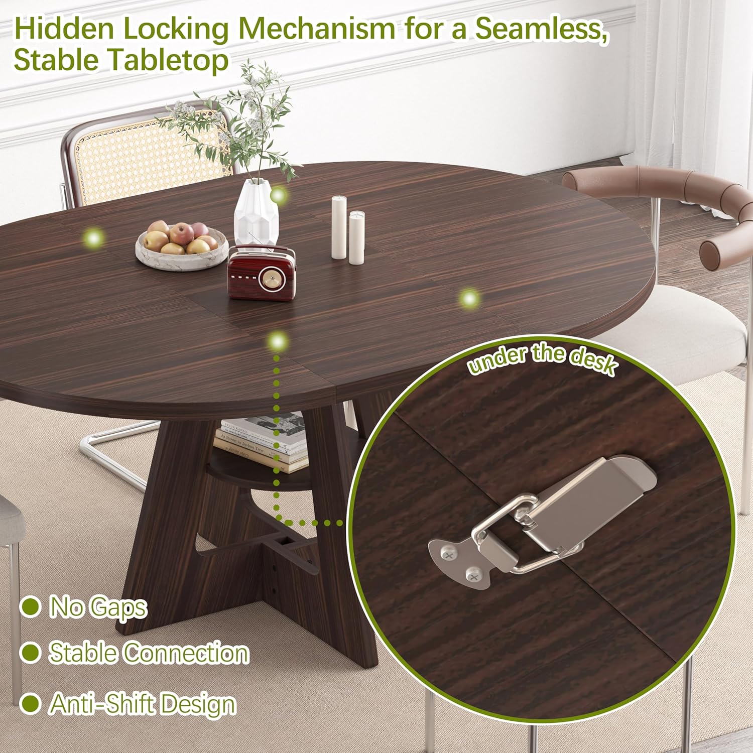 47.2“–63" Round Extendable Dining Table, Seats 4–8, Oval Expandable Table with Storage Shelf, Space‑Saving Kitchen & Dining Room Table for Small Apartments, Black Walnut