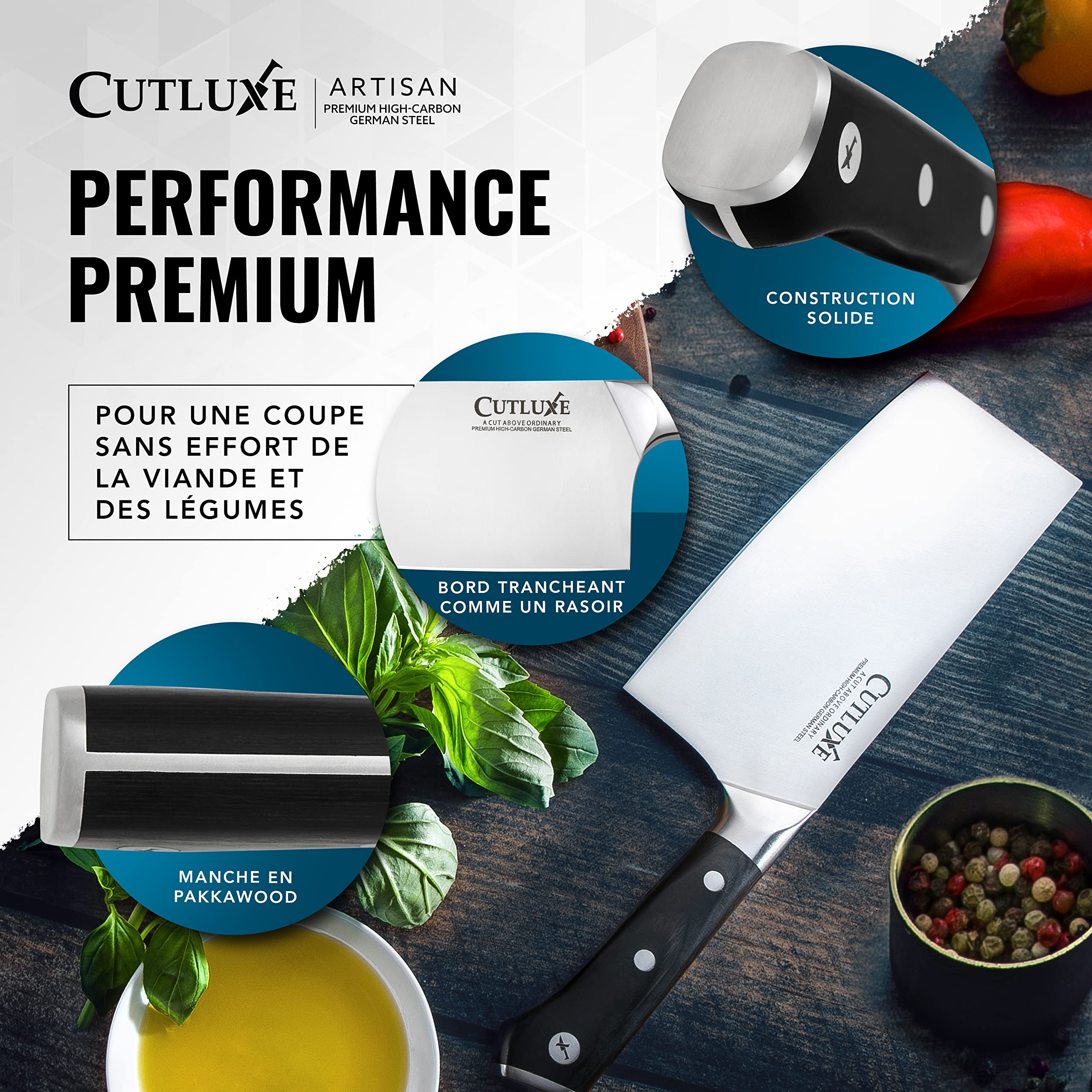 Cutluxe Couteau de Boucher 17.7 cm Acier Allemand Carbone Tang Complet Série Artisan