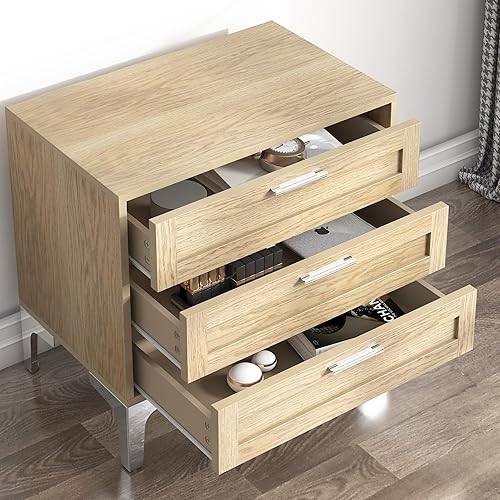 Miniatura 3 de WiberWi Mesita de noche de 3 cajones para mesa de noche moderna de mediados de siglo, mesa auxiliar para sala de estar, mesita de noche de madera