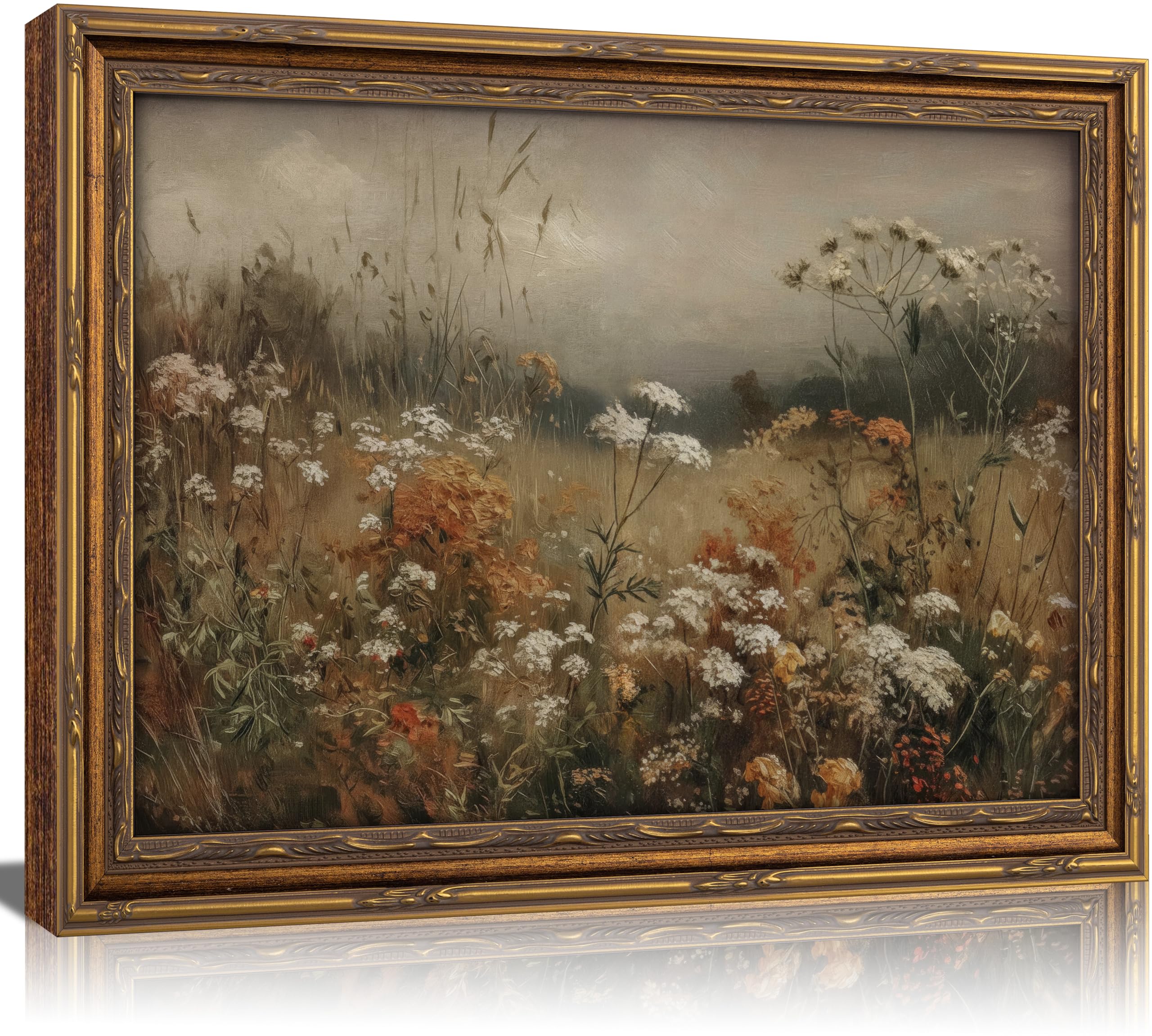 Vintage Gold Framed Wildflower Meadow Wall Art, Dark Academia Moody Floral Painting Canvas Prints, Rustic Nature Botanical Floral Wall Decor, Cottagecore Neutral Landscape Poster Artwork for Bedroom Living Room, 16x24in