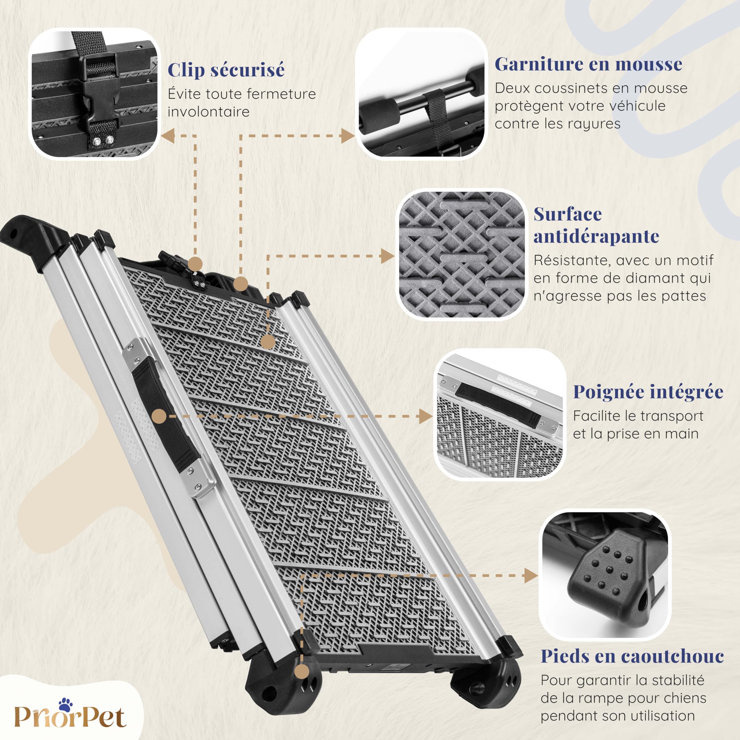 Rampe pour Chien Voiture, SUV - Rampe télescopique Extensible pour Grands Chiens - Stable - Antidérapante - Bordures réfléchissantes pour la sécurité de Nuit - Capacité 90kg - Clip de Fixation Gris