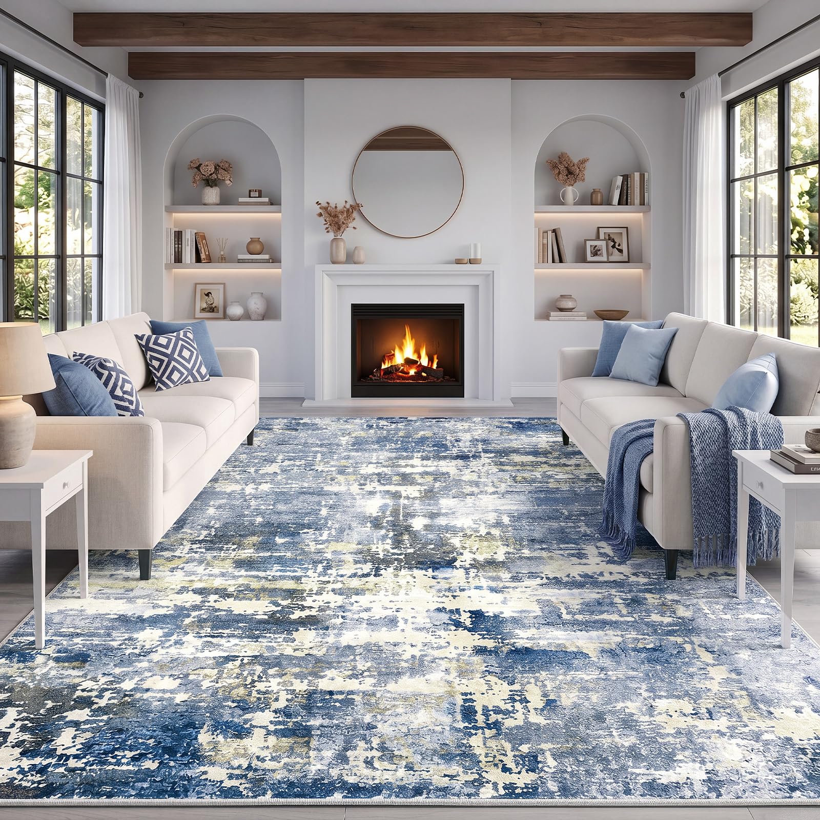 Autsel Living Room Rugs 200x300cm, Extra Large Washable Rug, Non Slip Low Pile Area Rugs, Abstract Rug, Multi-use Durable Floor Carpet for Bedroom, Kitchen, Runner Rugs for Hallway, Blue