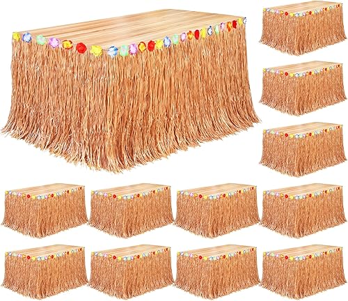Miniatura 16 de Fovths Paquete de 4 faldas de mesa de hierba Luau natural de 9 pies x 29.5 pulgadas, falda de mesa hawaiana para decoraciones tropicales hawaianas