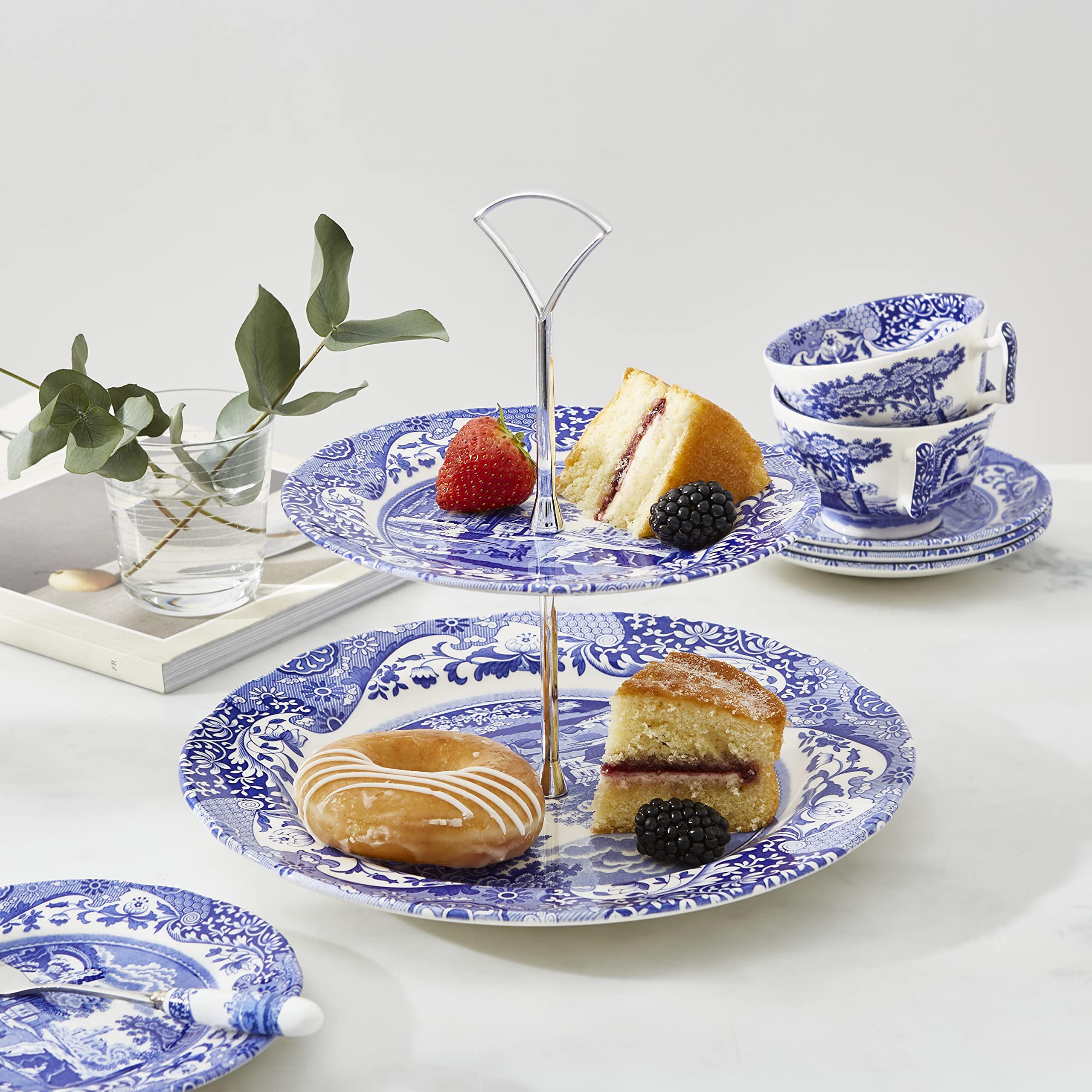 Portmeirion Home & Gifts Niebieski włoski 2-poziomowy stojak na ciasto, niebieski i biały
