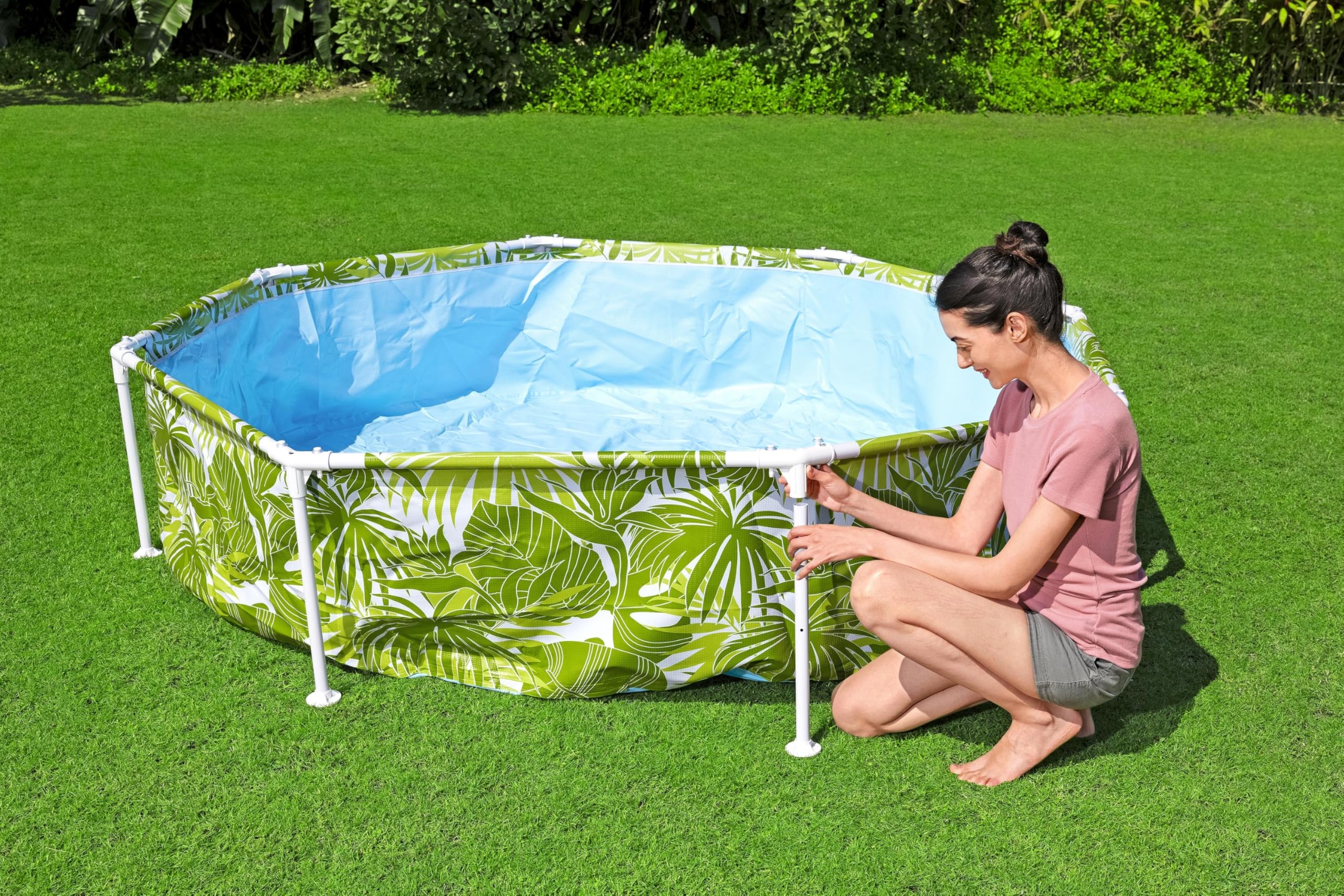 Bestway Steel Pro UV Careful Frame Pool, 244 x 51 cm, Splash-in-Shade, mit Sonnenschutzdach, ohne Pumpe, blau