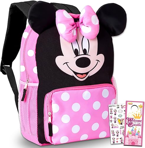 Big Face Minnie Mouse Mochila para niños pequeños Premium 14 Minnie School Bag con orejas 3D y lazo hinchado Minnie Mouse School Supplies Bundle