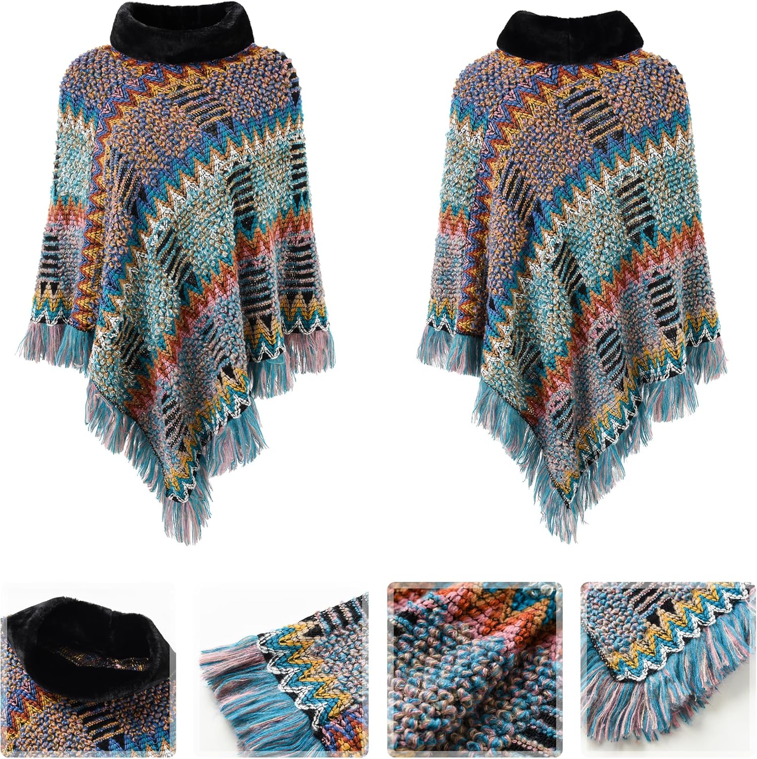 Ferand Women's Cozy Boho Turtleneck Poncho Sweater with Fringe Stylish Chevron Design for Winter - Image 4