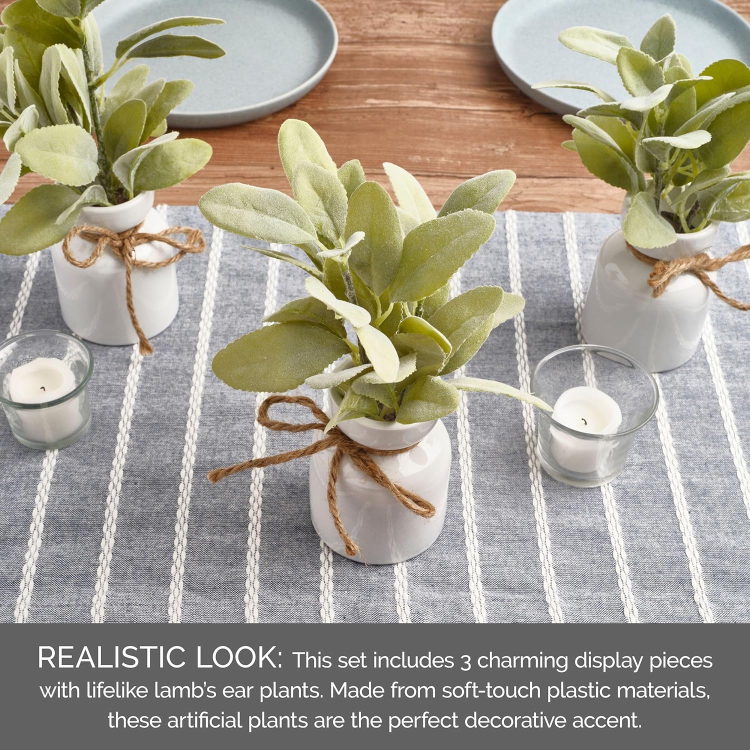 Elements Set of 3 Mini Potted Plants Artificial Lamb's ear in Pots Bathroom Farmhouse Greenery Tabletop Centerpiece Mantel Office Desk Kitchen Decor