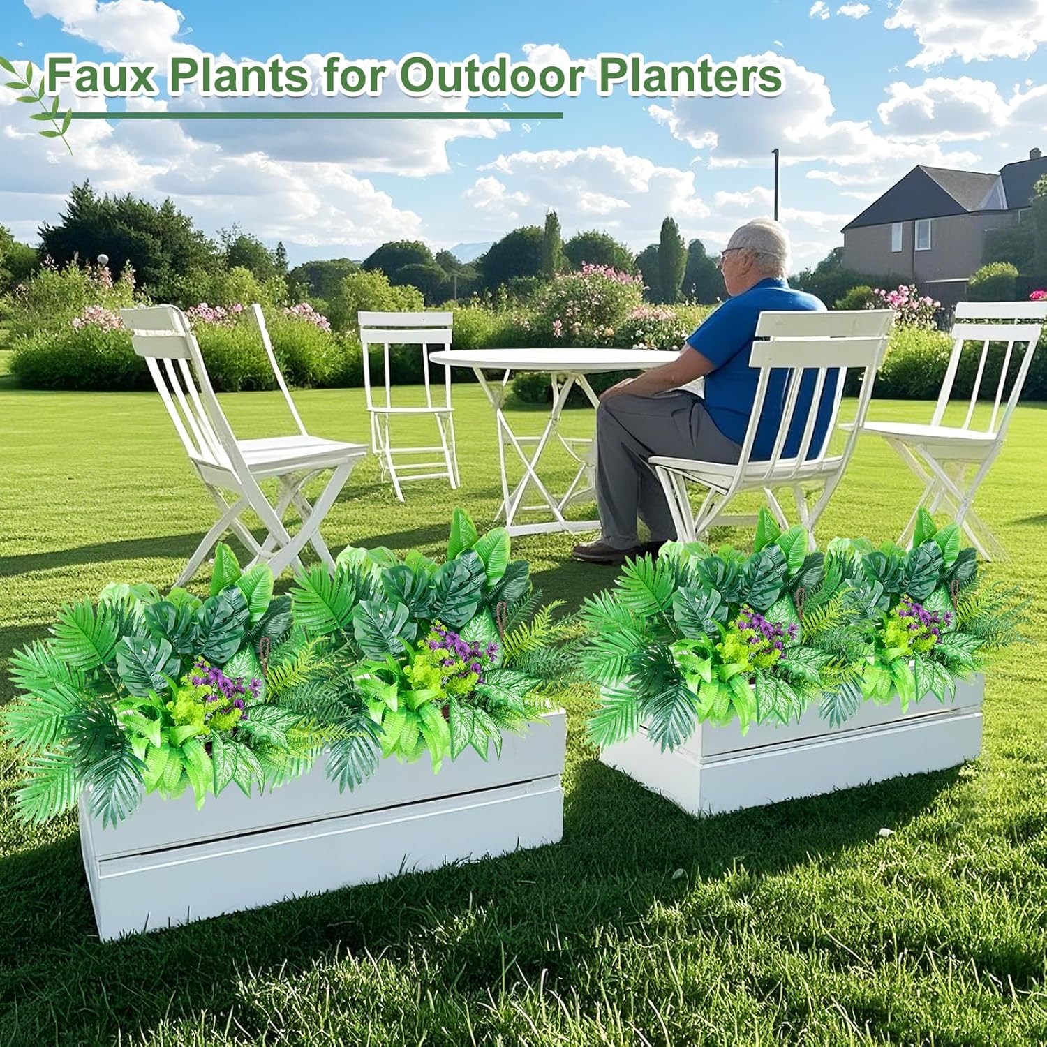 Tall Artificial Greenery Plants Outdoor Faux Shrubs Ferns UV Resistant,Fake Monstera Bird of Paradise Palm Boston Fern,10Bundle Lifelike Artificial Flowers Grass for Window Box Fillers,Porch,Garden