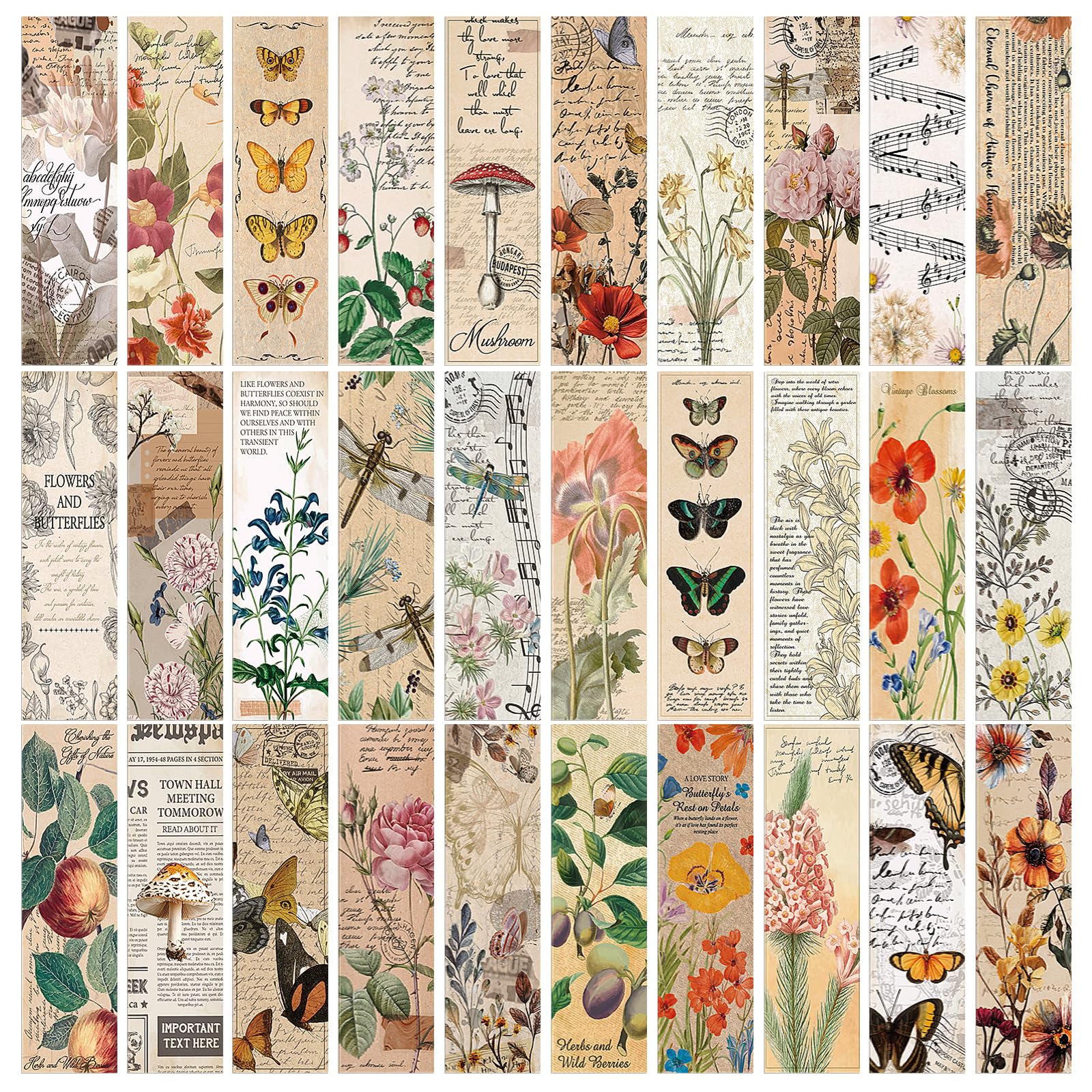 JSRQT 30Pcs Vintage Paper Bookmarks, Double-Sided Design Flower Butterfly Cardboard Book Marks for Book Lovers, Retro Aesthetic Page Clips for Women Men Kids, Classroom Rewards, Reading Present