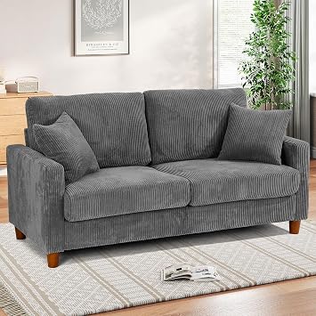 TOTEBOX Corduroy 2-Seater Sofa Loveseat Couch Grey, Modern 178cm Long Love Seat Sofas with Cushion Seat, 2 Pillows, Solid Wood Frame, for Living Room