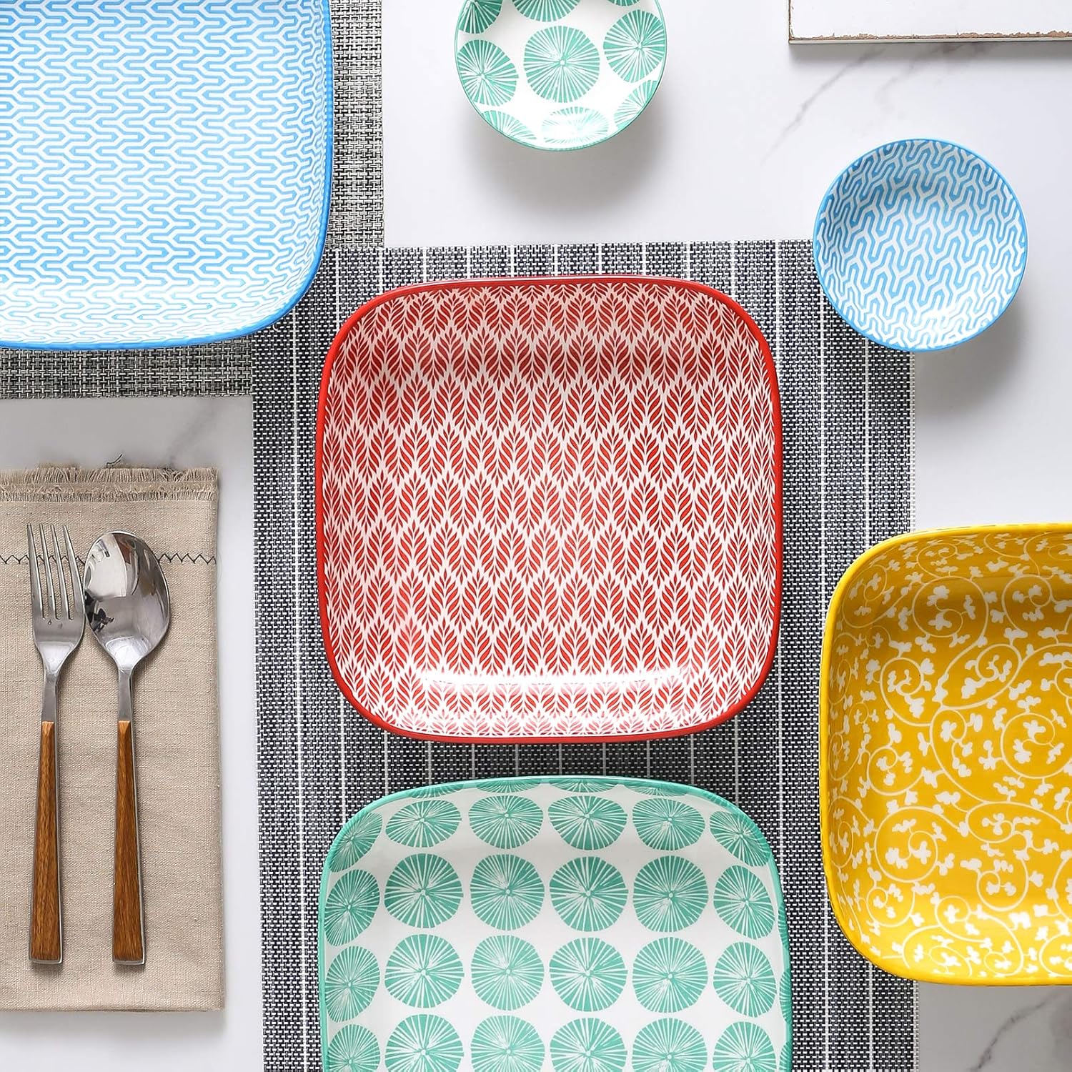 Selamica Porcelain 8-inch Square Dinner Plates, Salad Pasta Bowls, Set of 6, Assorted Colors - Image 5