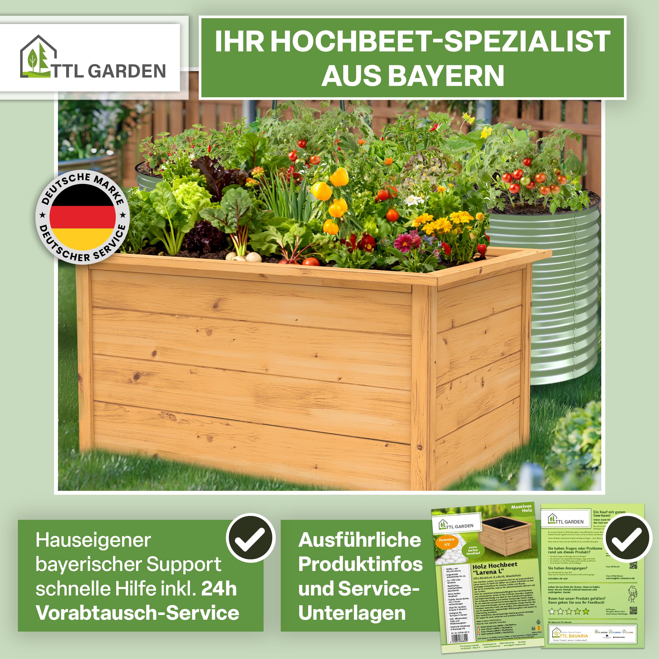 TTL GARDEN 170x90x84cm LARENA L Holz Hochbeet - Garten Hochbeet aus Holz | - Hochbeet Kit & Kräuterbeet Set Bausatz mit Wühlmausgitter Holzhochbeet wetterfest - für Gemüse Kräuter & Blumen - Braun