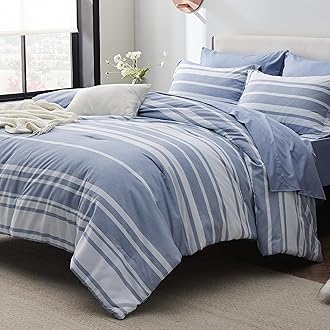Bedsure Full Comforter Set 7 Pieces, Blue Striped Bedding Set for All Seasons, Reversible, Cationic Dyeing Bed in a Bag with Comforter, Sheets, Pillowcases & ShamsOEKO-TEX STANDARD 100
