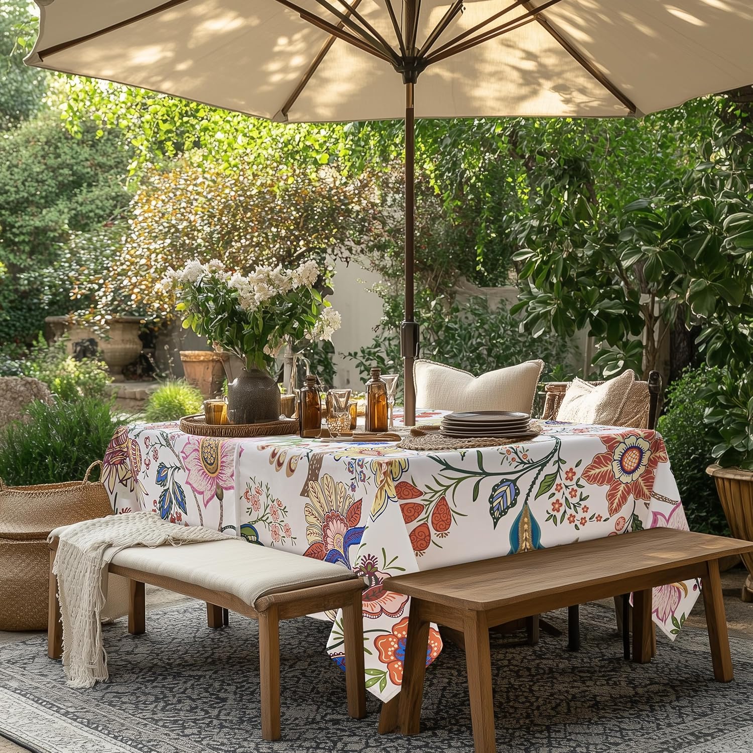 Outdoor Tablecloth with Umbrella Hole and Zipper 60x104 Inch Rectangle Paisley Table Cloth, Spillproof Wrinkler-Free Patio Table Cover for Spring Summer Backyard Party BBQ Decor