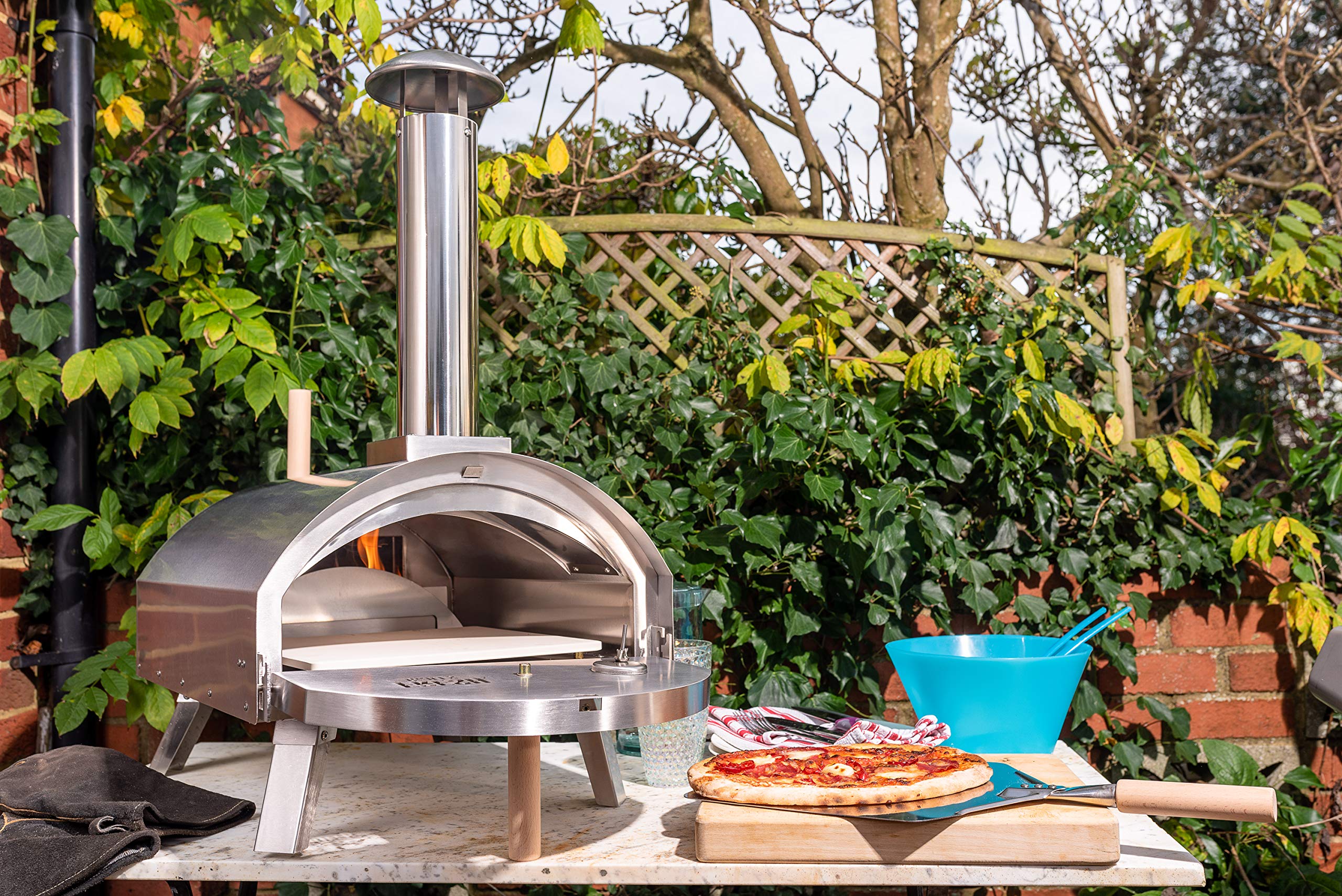 Forno da tavolo per pizza all'aperto 35cm 60 secondi di cottura a doppia parete Portatile Termometro incorporato Multi-Fuel Legno Carbone Pellet Autentiche pizze cotte su pietra 500°C Acciaio Argento