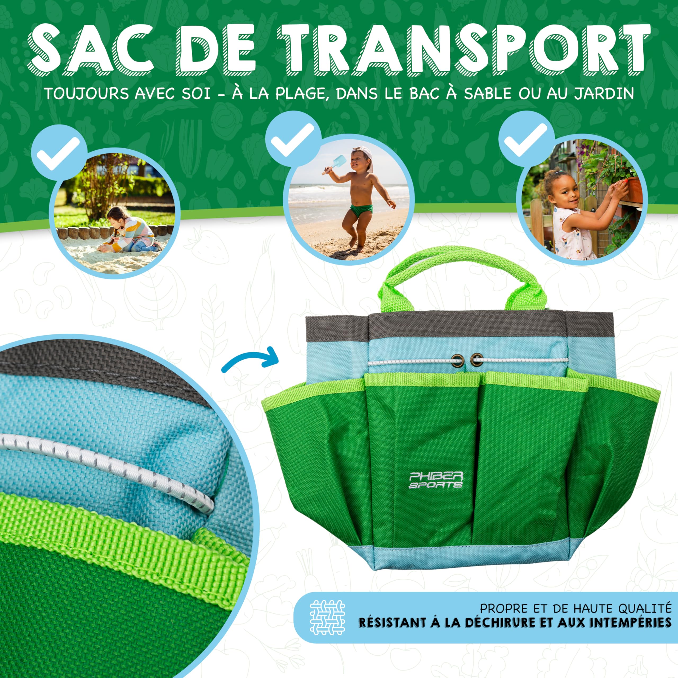 PHIBER-Sports Ensemble d'outils de Jardin pour Enfants (11 pièces) - Outils de Jardinage pour Enfants à partir de 3 Ans - Outils en métal, arrosoir, Gants de Jardinage, Sac