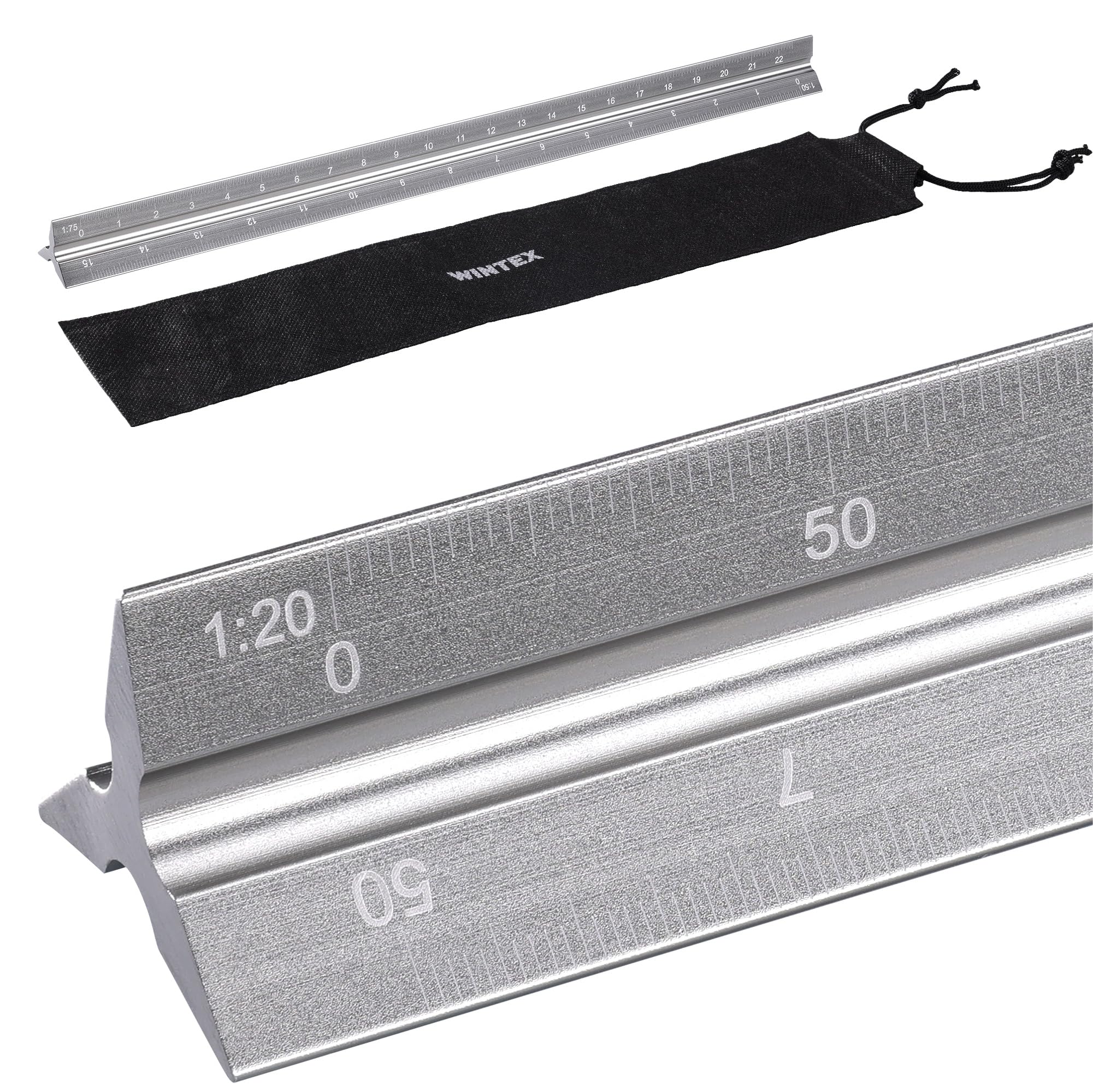 WINTEX Escalimetro Profesional - Regla 30 cm - Regla Triangular de Aluminio - Escalímetro para Arquitectos o Ingenieros - 1:20 1:50 1:75 1:100 1:125 - Regla Metalica con Bolsa