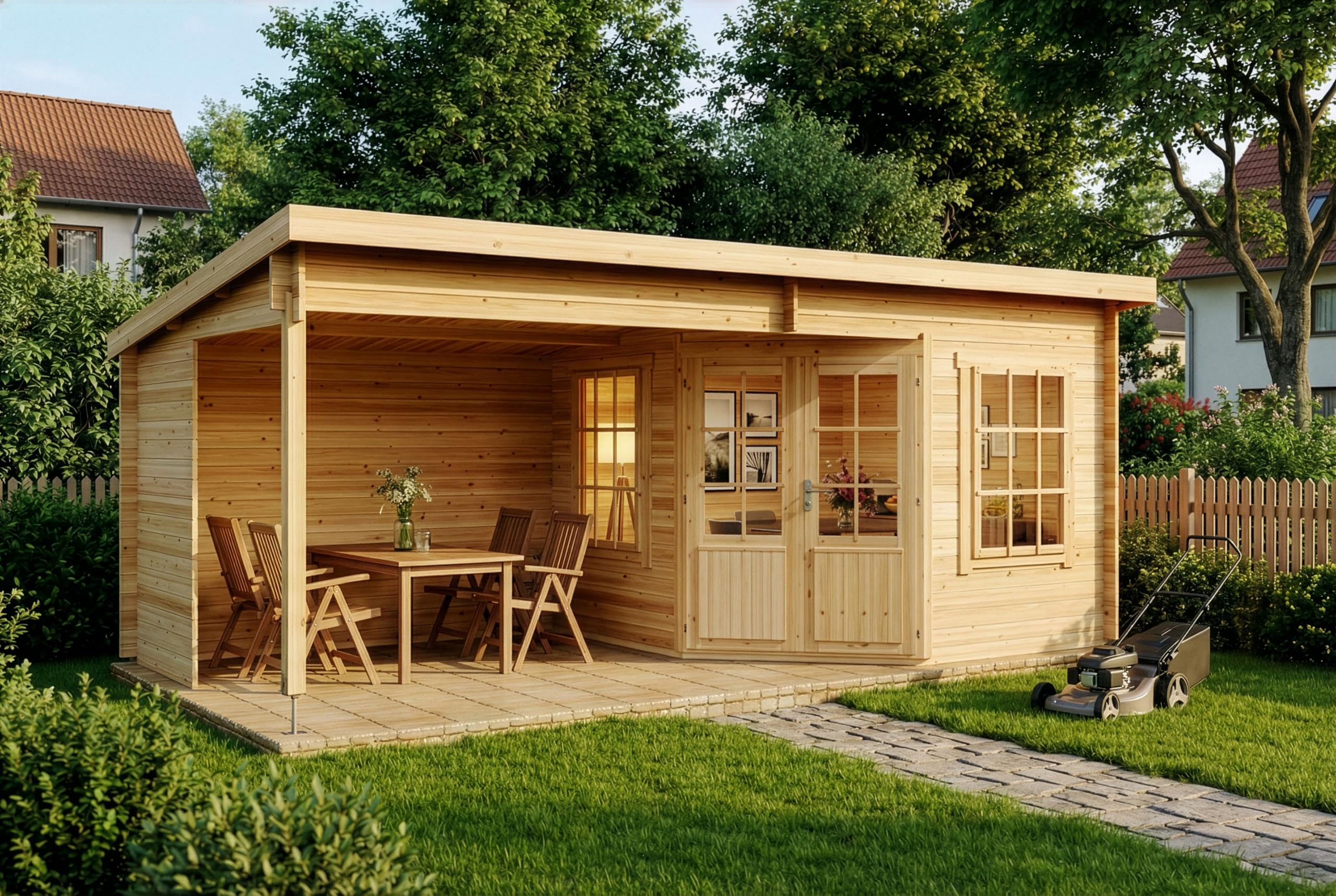 Alpholz Gartenhaus Carl-28 aus Massiv Holz, Gerätehaus mit 28 mm Wandstärke, Garten Holzhaus inklusive Montagematerial, Geräteschuppen 598 x 300 cm, Pultdach