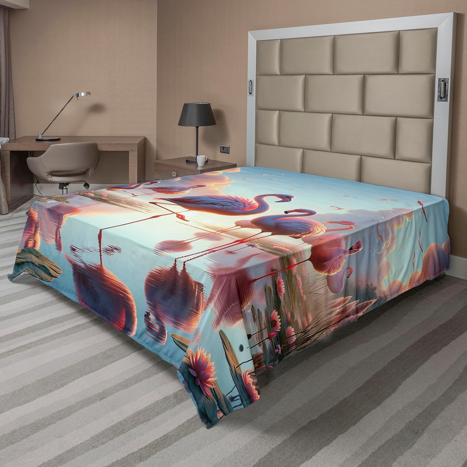Ambesonne Flamingo Flat Sheet, Blush Tone Atmosphere of Dreamy Lake and Exotic Birds Under Cloudy Sky, Soft Comfortable Top Sheet Decorative Bedding 1 Piece, Queen Size, Pale Pink Soft Blue
