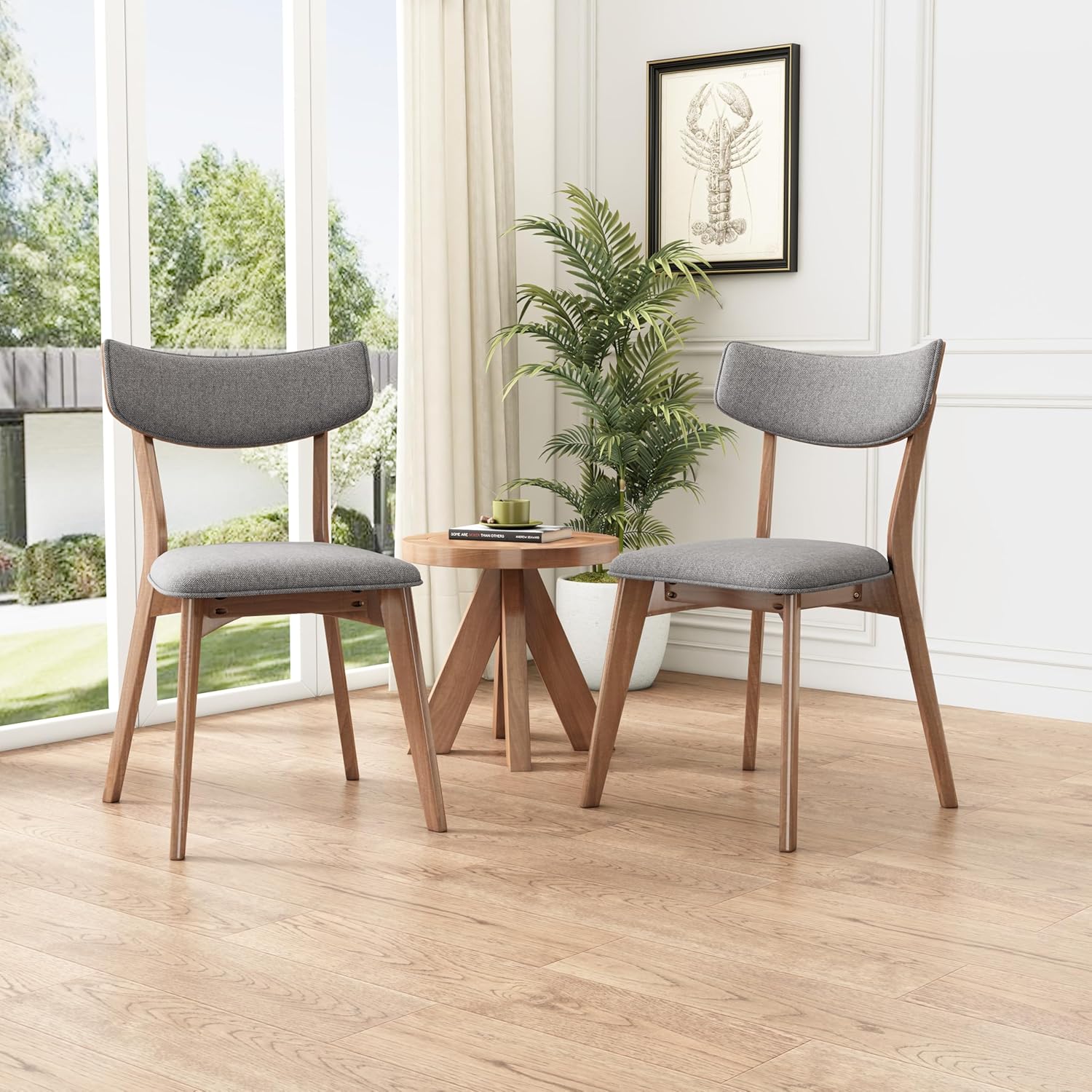 Dining Chairs Set of 2, Mid-Century Modern Upholstered Armless Chair w/Seat Cushion, Padded Backrest, Walnut/Dark Grey