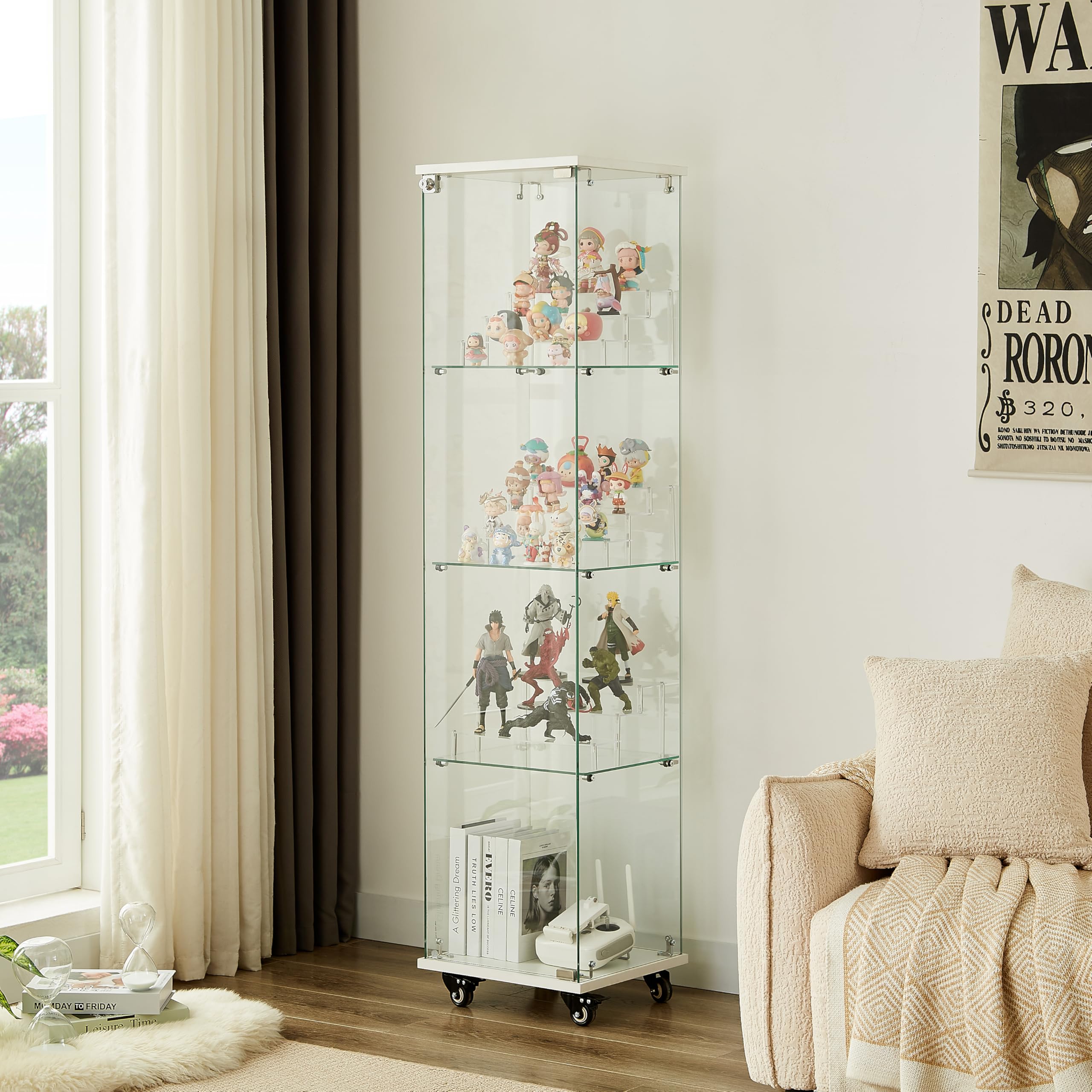 HomVent Glass Display Cabinet Display Case Corner Curio Cabinet, Storage Showcase w/Adjustable Shelves, Tempered Glass Doors for Living Room