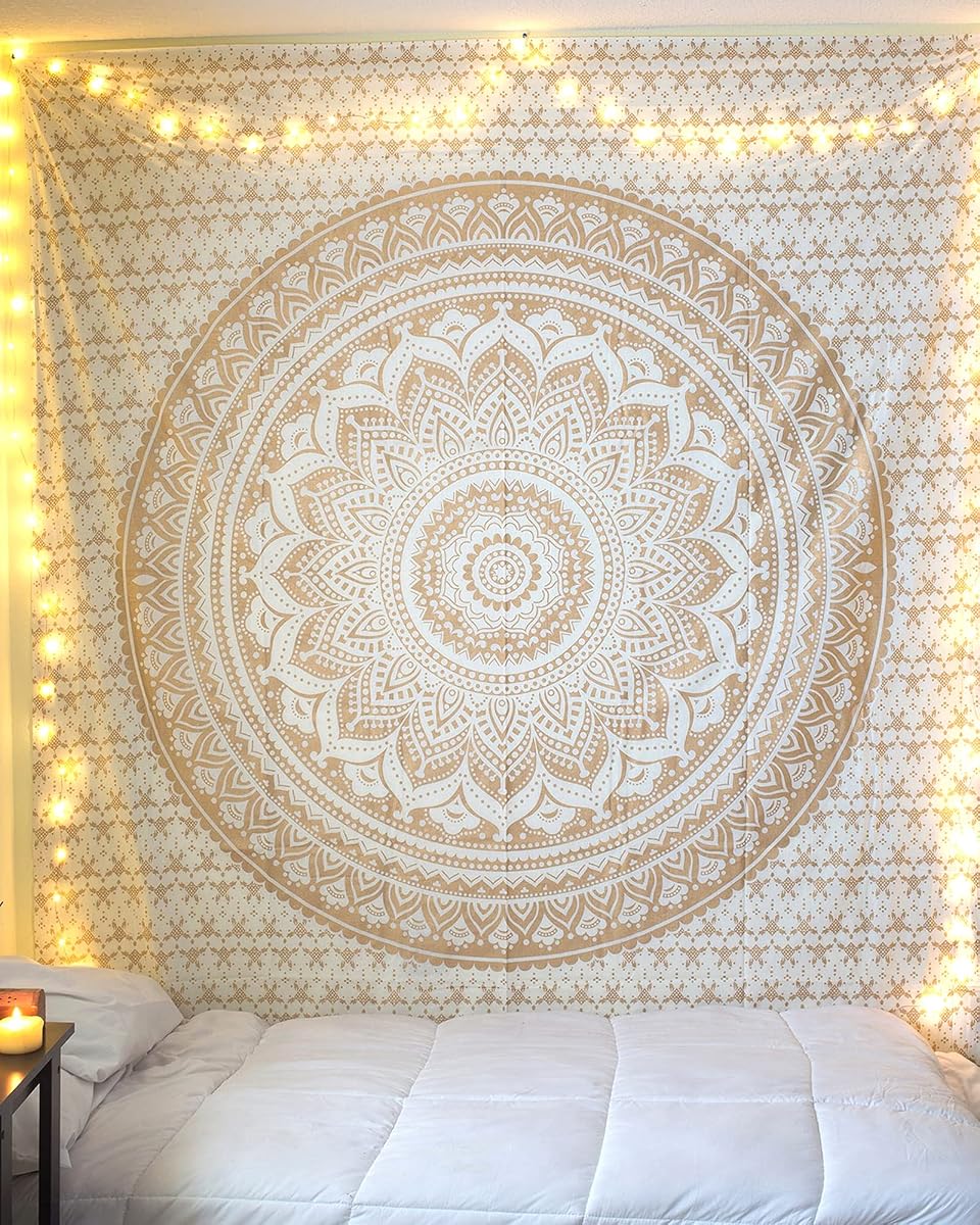 raajsee Tapiz de mandala dorado original más vendido para colgar en la pared, tapices hippies bohemios bohemios/decoración de dormitorio de algodón indio, colcha doble dorada/alfombra de yoga y meditación de 52 x 60 pulgadas
