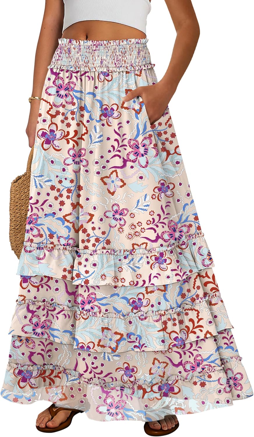 ANRABESS Maxi Skirts for Women Summer Boho Tiered Flowy Elastic High Waist Beach Long Skirt Casual Spring Vacation Outfits