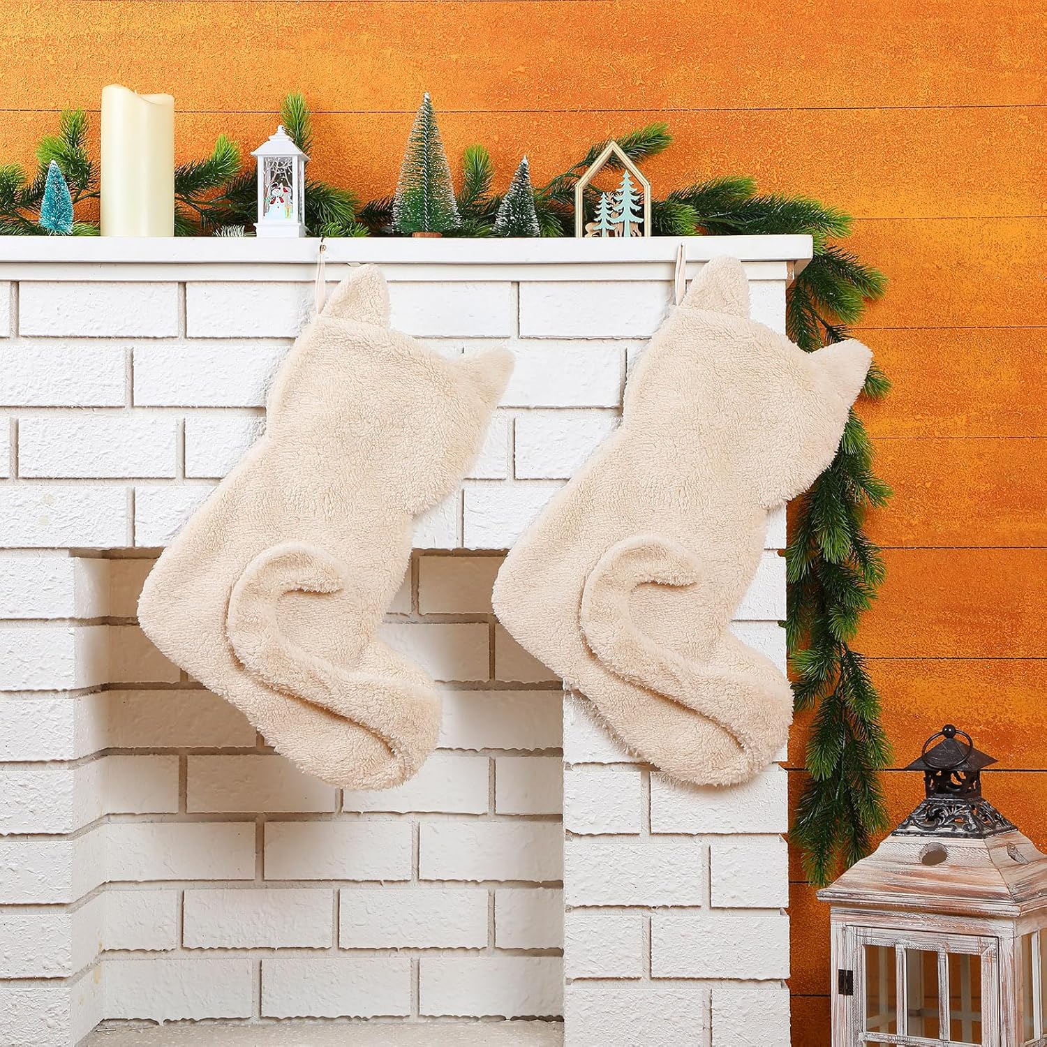 Geyoga 2 Pack Cat Christmas Stockings Pet Christmas Stocking 19'' Large Faux Fur Sherpa Stocking Xmas Fireplace Hanging Stocking Decoration Christmas Cat Gift for Cat Lovers Family Holiday Party Decor