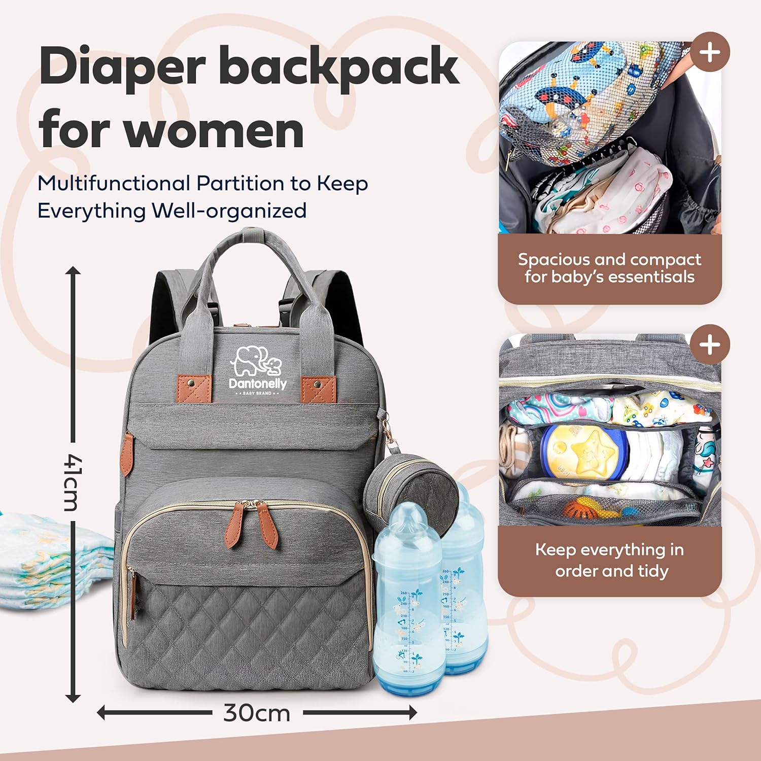 Baby Backpack - Large Travel Diaper Bag with Changing Pad, Waterproof, Gray, Unisex