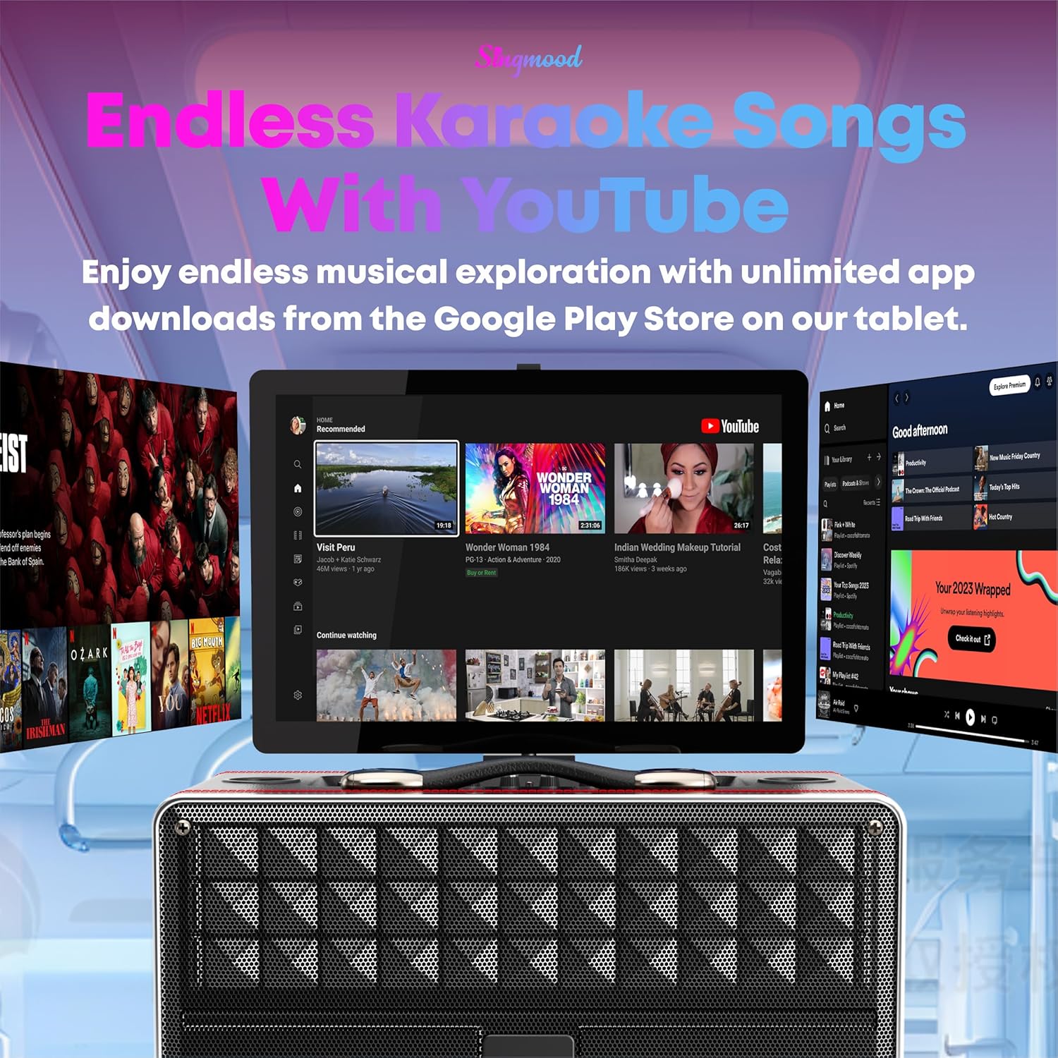 The SINGMOOD S-68 screen displaying YouTube interface, indicating access to endless karaoke songs.