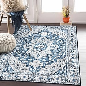 Moynesa Ultra-Thin Washable Vintage Area Rug - 4x6 Living Room Rug for Bedroom Office, Low Pile Non Slip Oriental Laundry Bathroom Mat Indoor Floor Carpet for Entrance Kitchen Mudroom