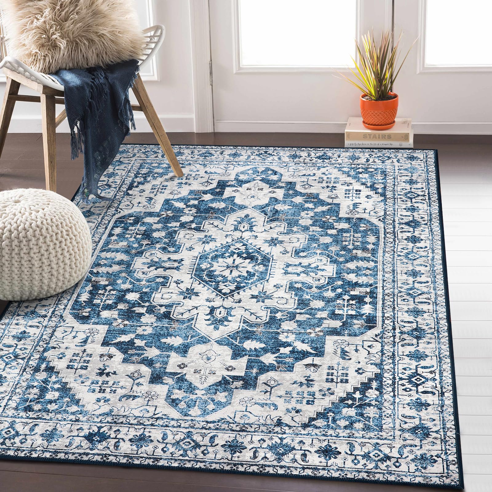 Moynesa Ultra-Thin Washable Vintage Area Rug - 4x6 Living Room Rug for Bedroom Office, Low Pile Non Slip Oriental Laundry Bathroom Mat Indoor Floor Carpet for Entrance Kitchen Mudroom — image 1