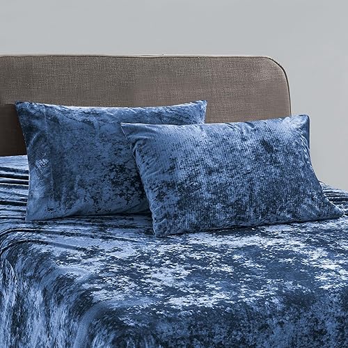 Miniatura 2 de Fredsure Juego de sábanas de terciopelo envejecido, 4 piezas, azul marino, tamaño Queen, ultra suave, cálido
