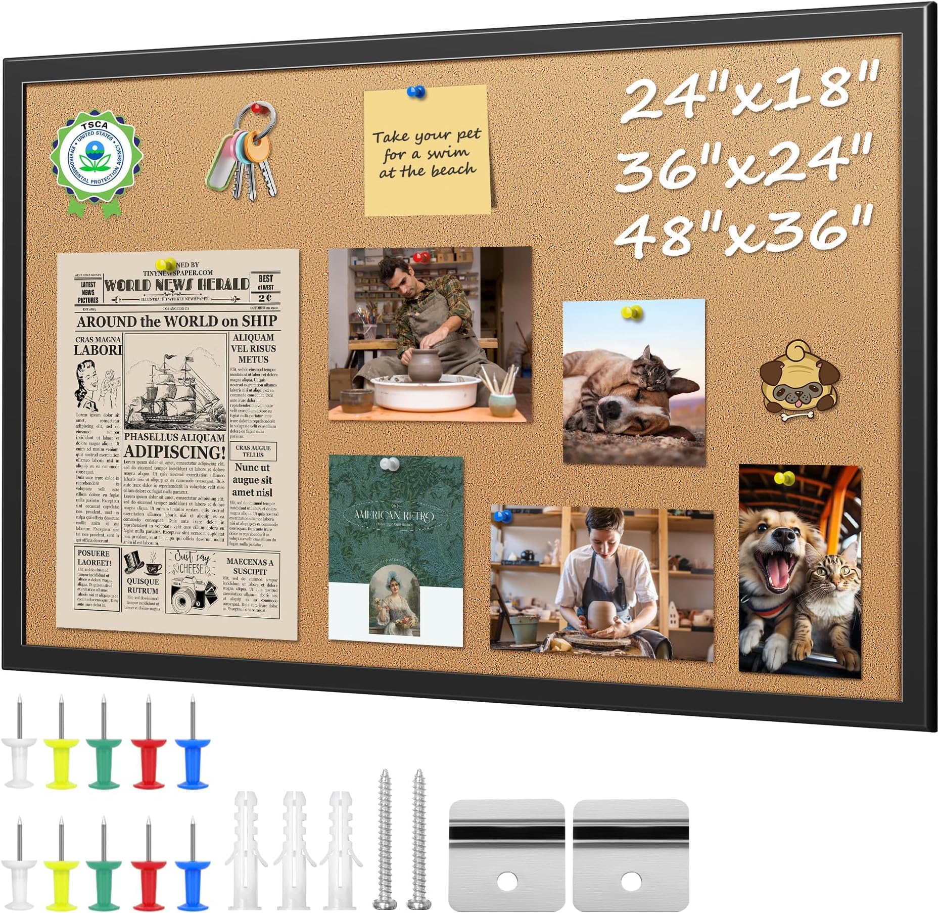 ORIENTOOLS 48" x 36" Framed Cork Board for Walls, Bulletin Board with 10 Push Color Pins, Hanging Pin Board, Decorative Vision Board, Large Corkboard for Office, Home, School, Cubicle